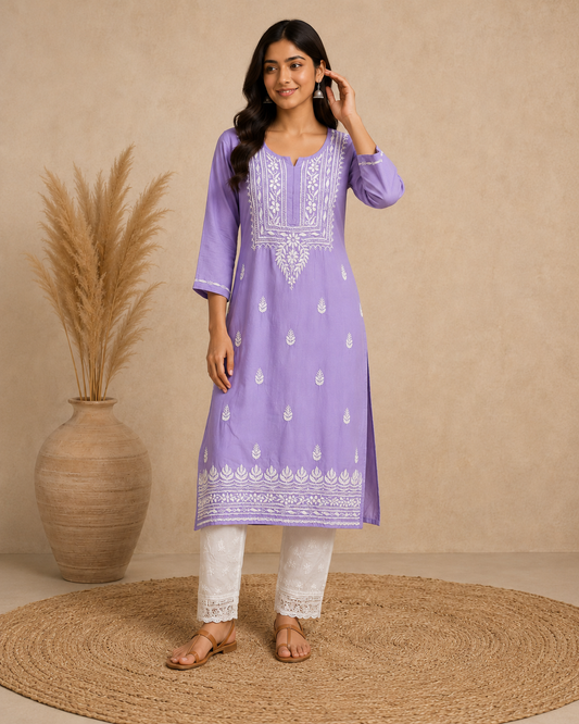 Lavender Rayon Lucknowi Chikankari Kurti for Women – Handmade White Embroidery