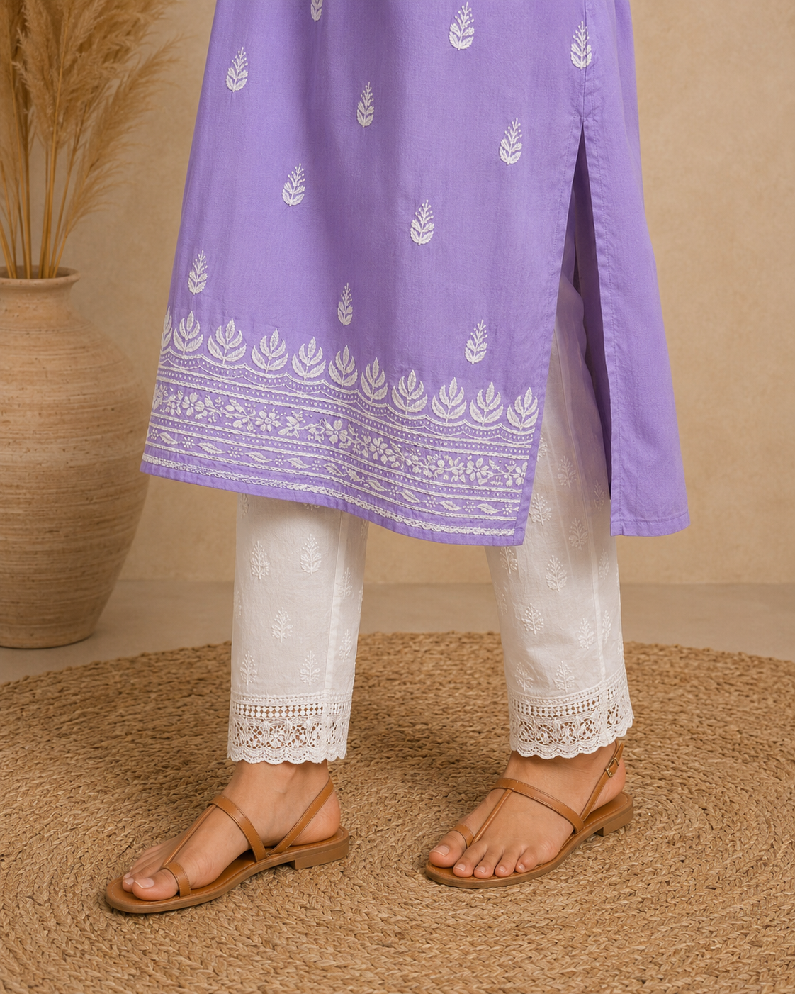 Lavender Rayon Lucknowi Chikankari Kurti for Women – Handmade White Embroidery