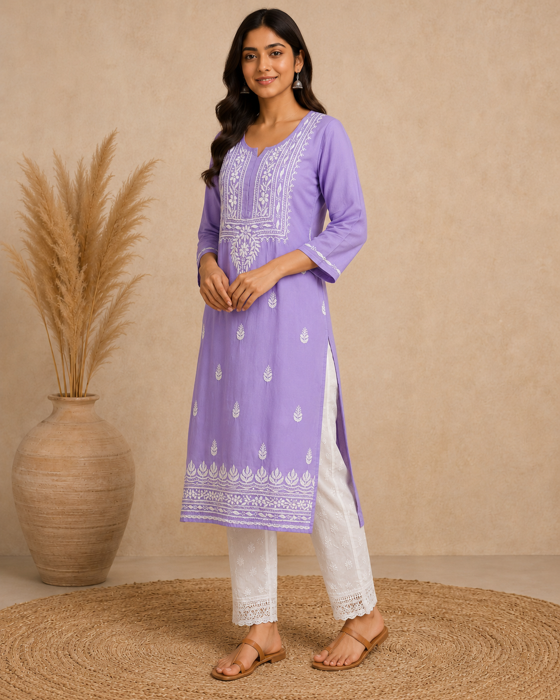 Lavender Rayon Lucknowi Chikankari Kurti for Women – Handmade White Embroidery