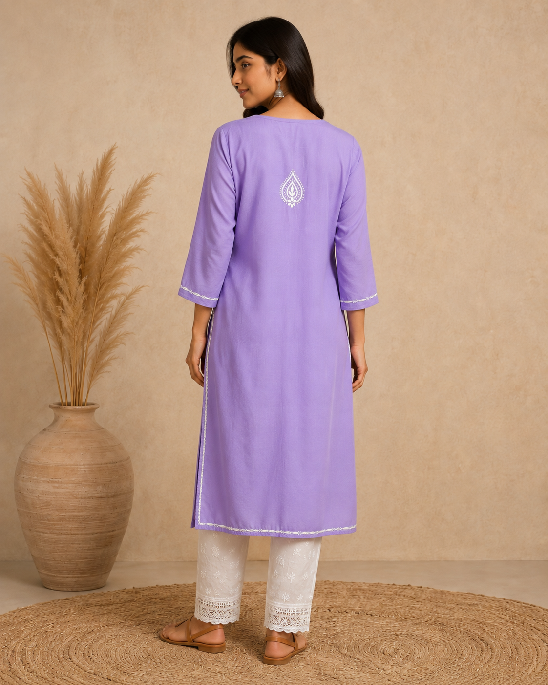 Lavender Rayon Lucknowi Chikankari Kurti for Women – Handmade White Embroidery