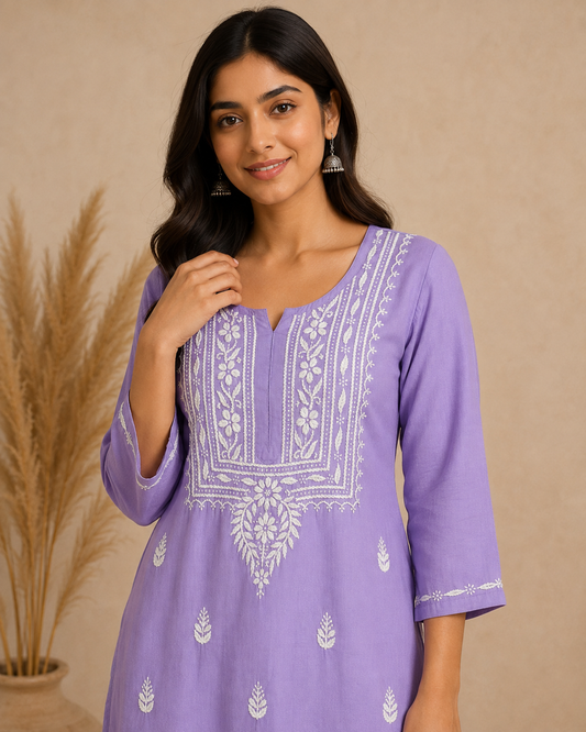 Lavender Rayon Lucknowi Chikankari Kurti for Women – Handmade White Embroidery