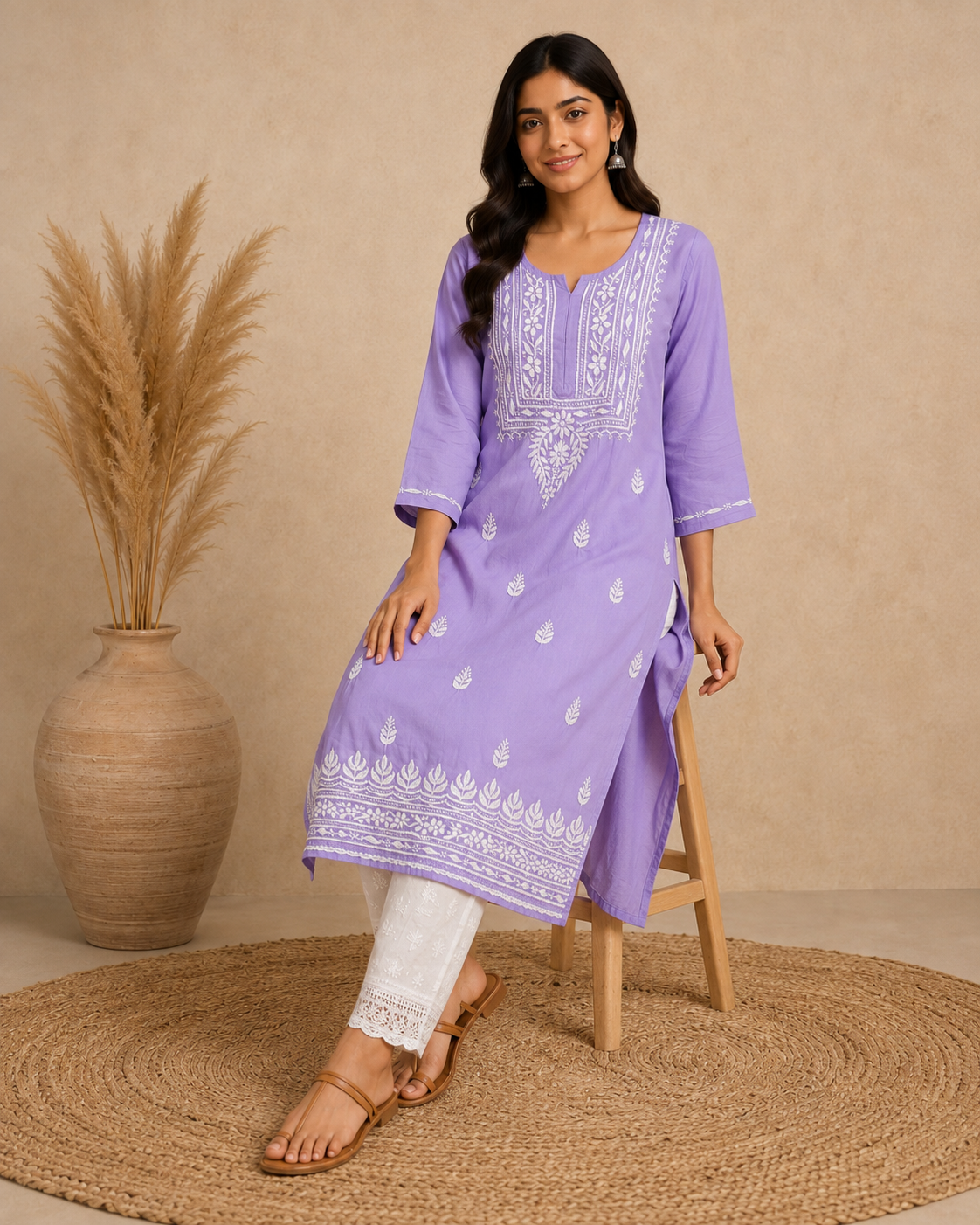Lavender Rayon Lucknowi Chikankari Kurti for Women – Handmade White Embroidery