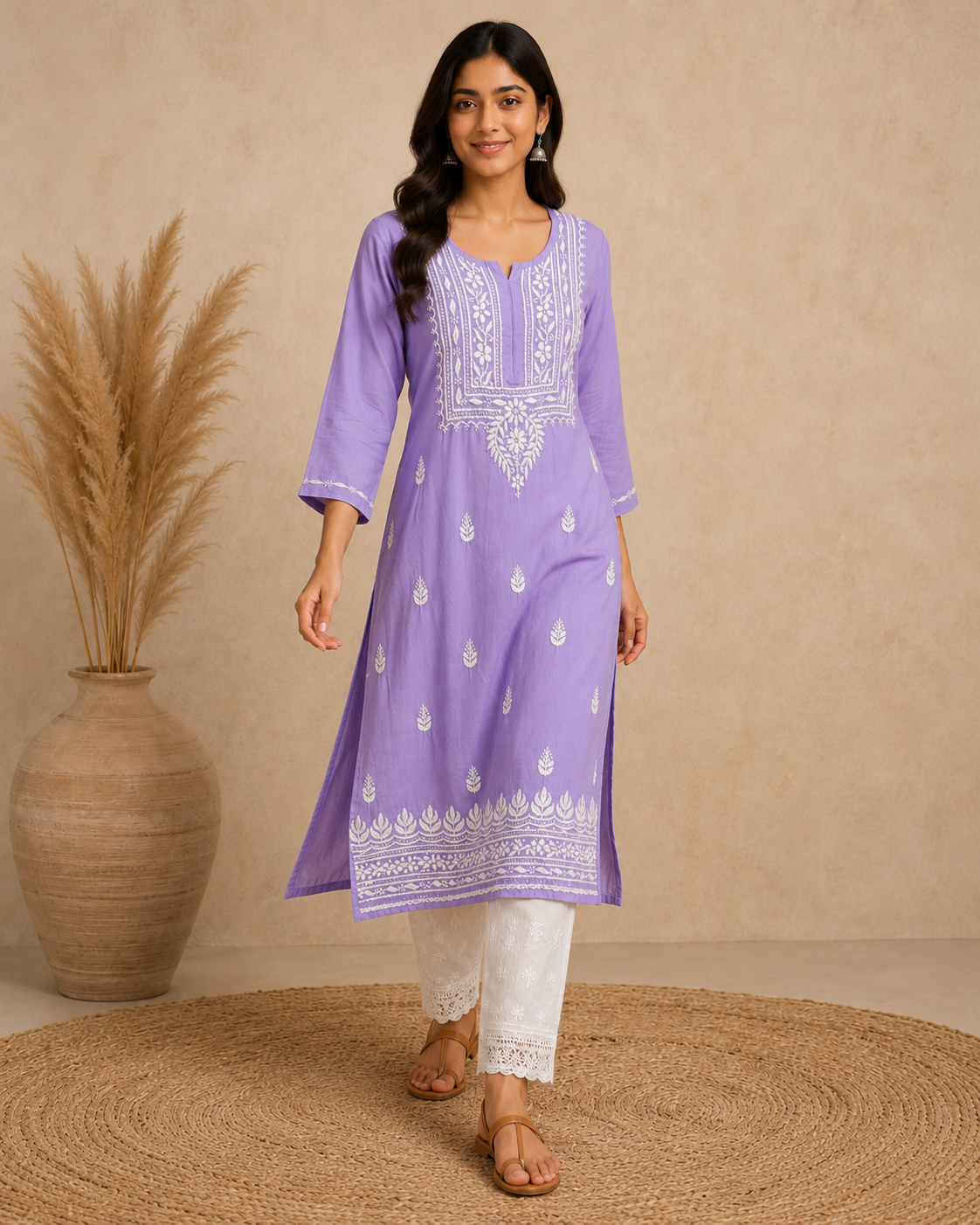 Lavender Rayon Lucknowi Chikankari Kurti for Women – Handmade White Embroidery