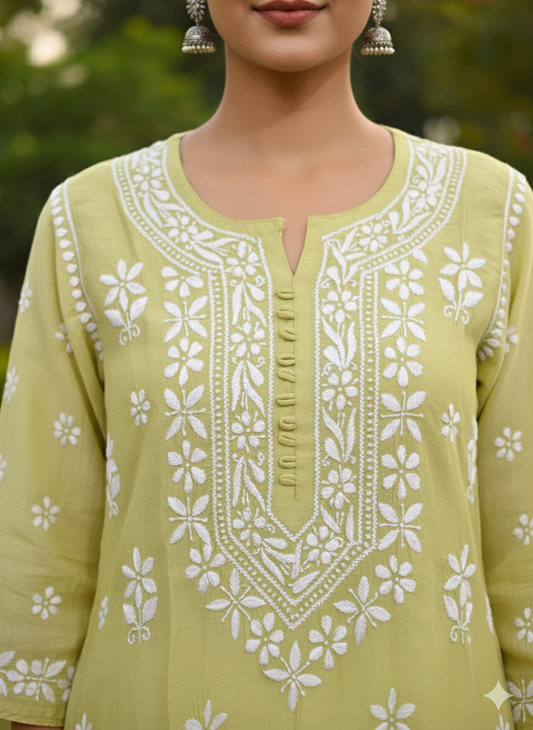 Lemon green cotton Chikankari kurti embroidery close up