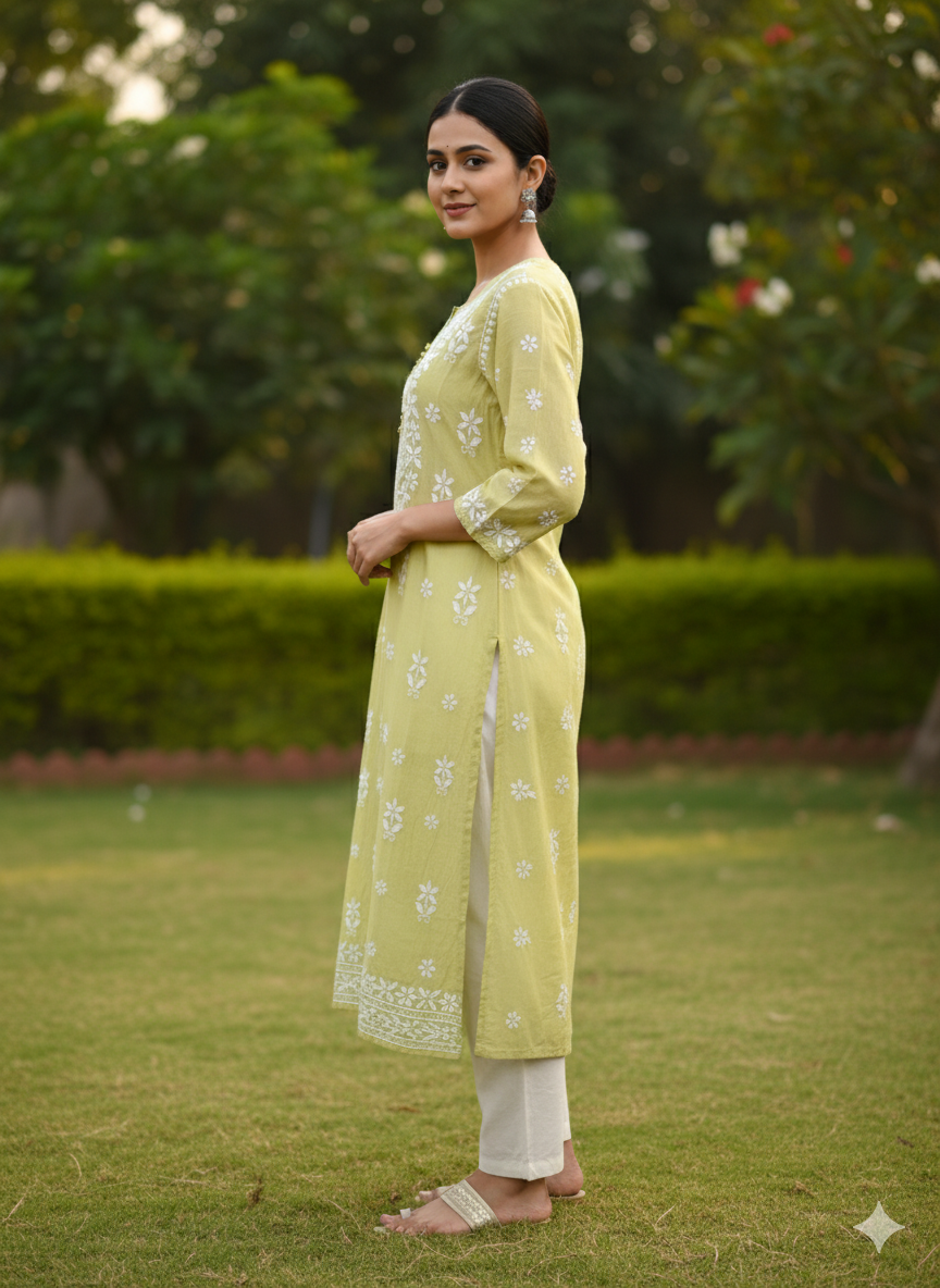 Women’s Lemon Green Cotton Chikankari Kurti with Hand Embroidered White Floral Work – Elegant Ethnic Wear for Daily & Festive Use