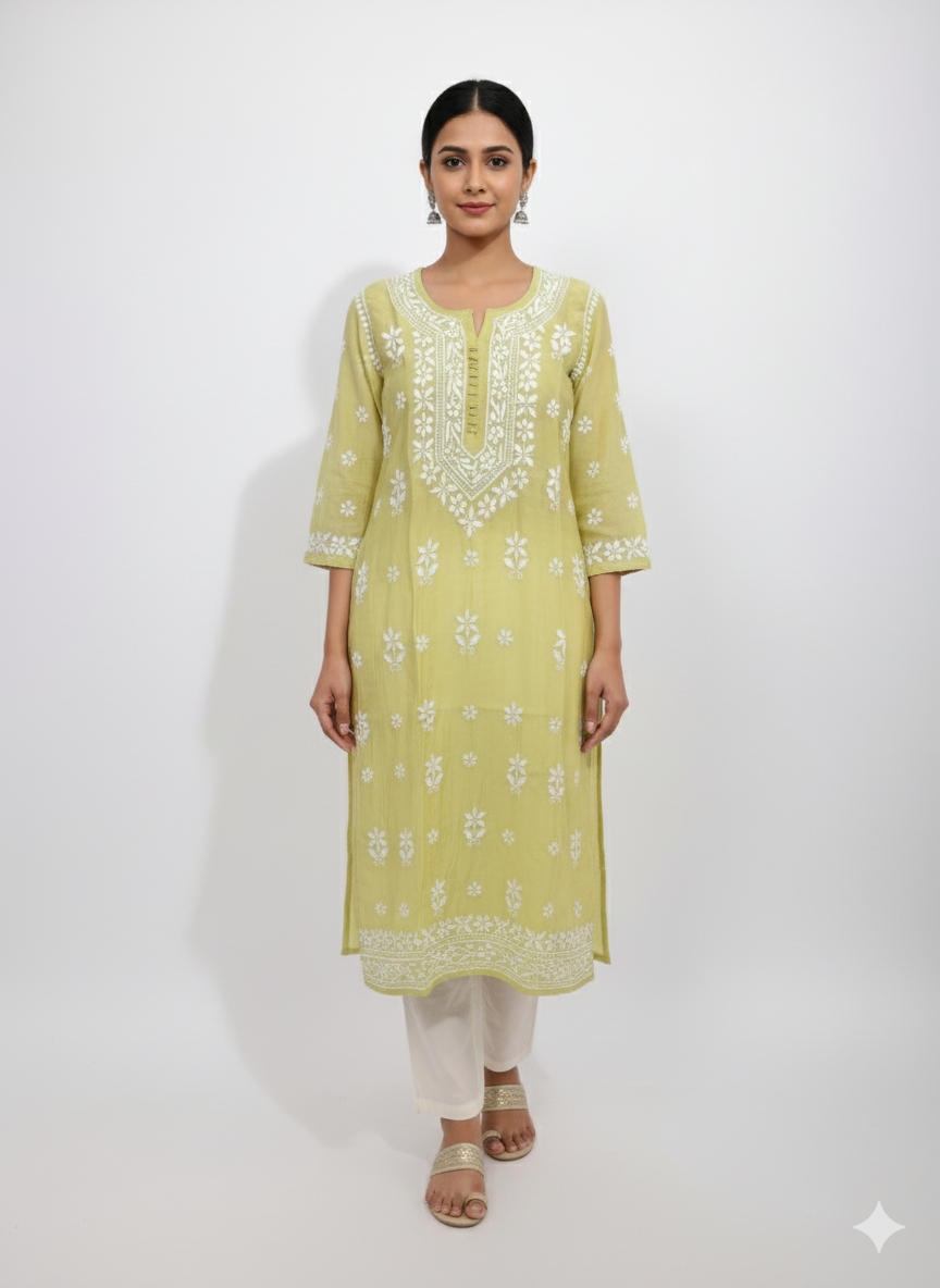 Women’s Lemon Green Cotton Chikankari Kurti with Hand Embroidered White Floral Work – Elegant Ethnic Wear for Daily & Festive Use