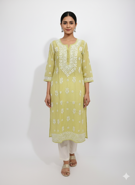 Women’s Lemon Green Cotton Chikankari Kurti with Hand Embroidered White Floral Work – Elegant Ethnic Wear for Daily & Festive Use