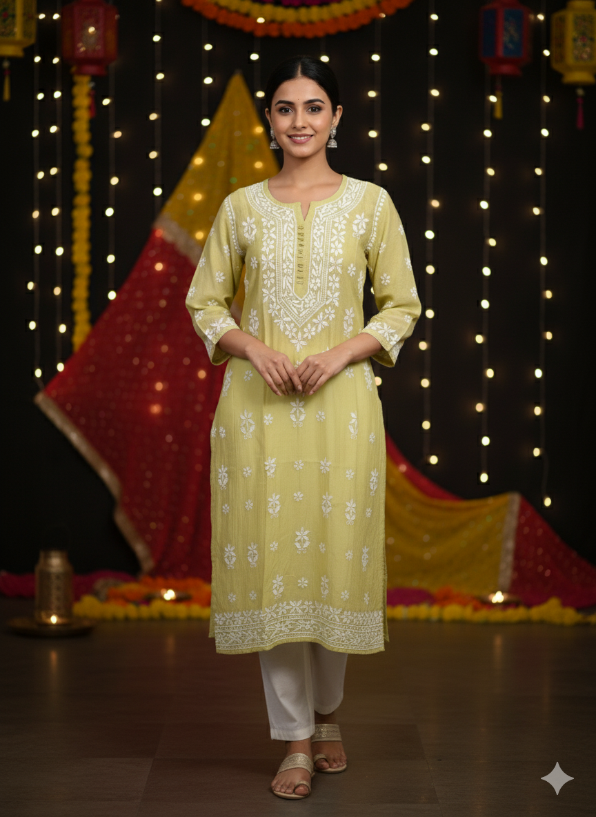 Women’s Lemon Green Cotton Chikankari Kurti with Hand Embroidered White Floral Work – Elegant Ethnic Wear for Daily & Festive Use