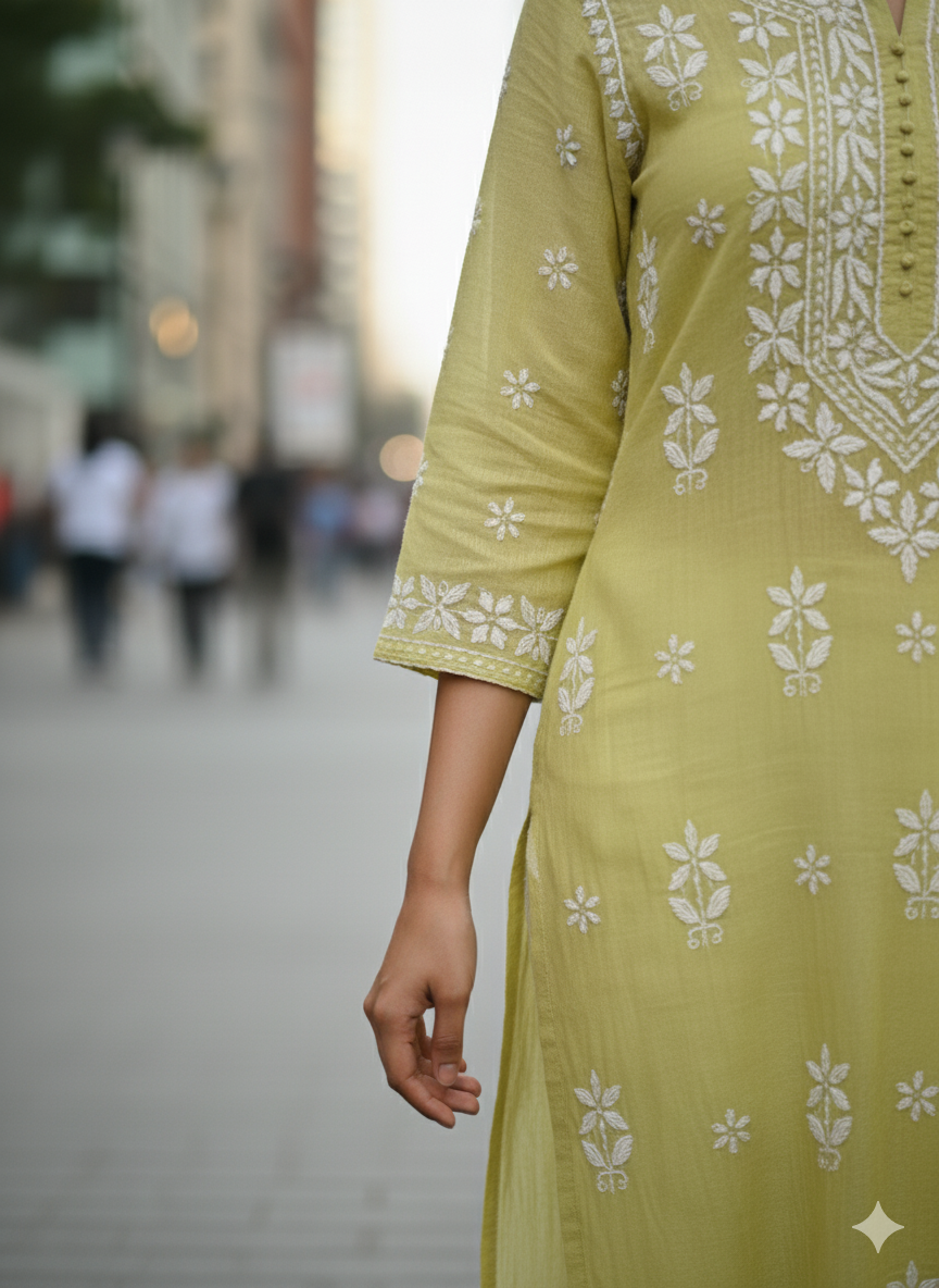 Women’s Lemon Green Cotton Chikankari Kurti with Hand Embroidered White Floral Work – Elegant Ethnic Wear for Daily & Festive Use