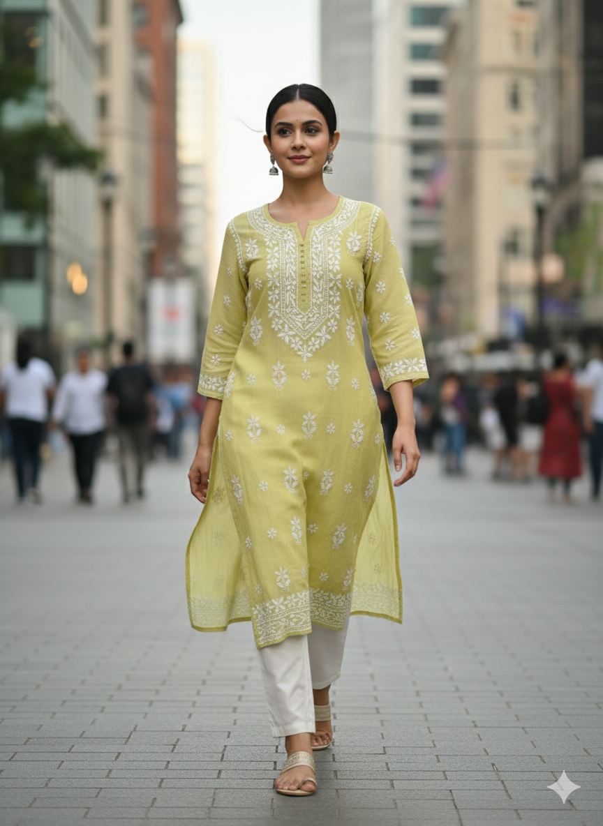 Women’s Lemon Green Cotton Chikankari Kurti with Hand Embroidered White Floral Work – Elegant Ethnic Wear for Daily & Festive Use