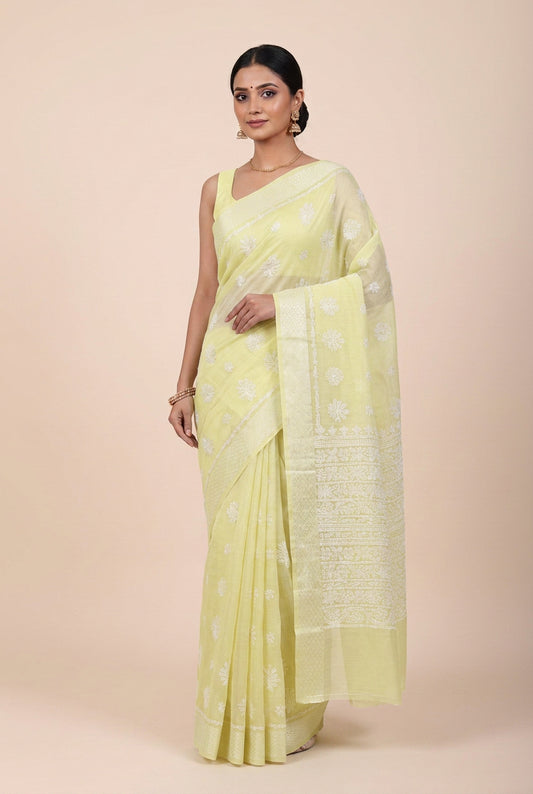 Premium Lemon Yellow Sheer Chikankari Embroidered Saree