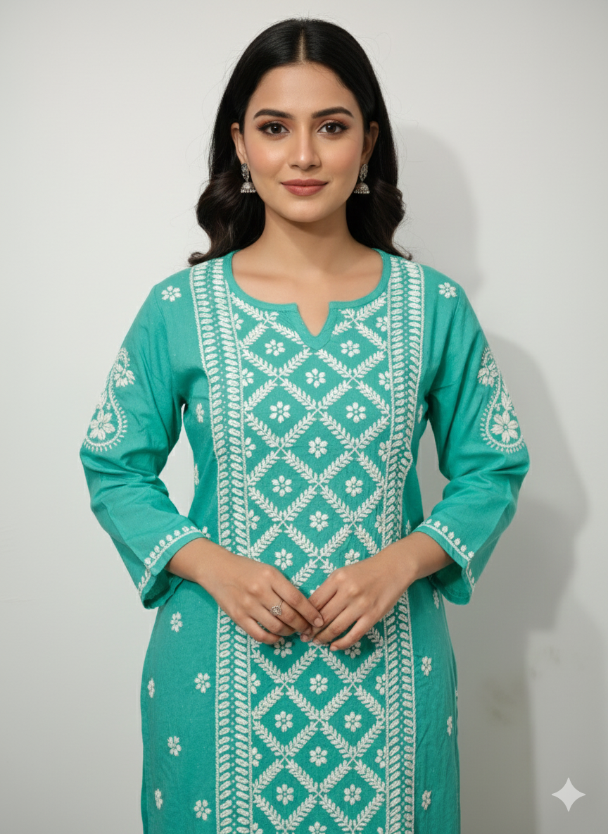 Light Teal Blue Lucknowi Chikankari Kurti Salwar Set | Hand Embroidered Cotton Suit – Lucknow Best Chikankari
