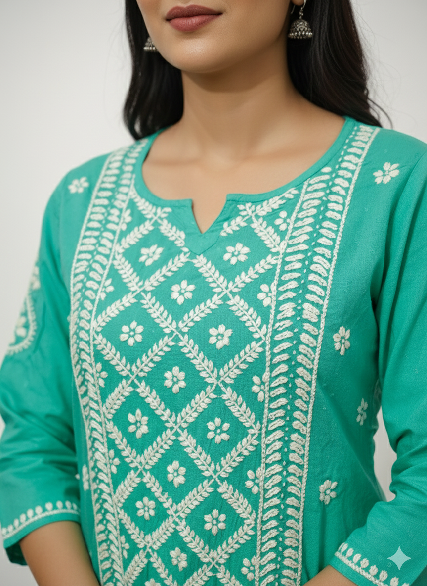 Light Teal Blue Lucknowi Chikankari Kurti Salwar Set | Hand Embroidered Cotton Suit – Lucknow Best Chikankari