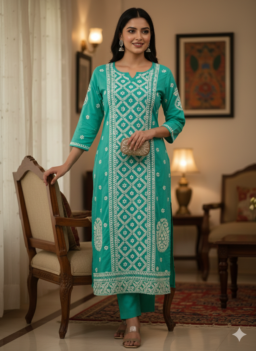 Light Teal Blue Lucknowi Chikankari Kurti Salwar Set | Hand Embroidered Cotton Suit – Lucknow Best Chikankari