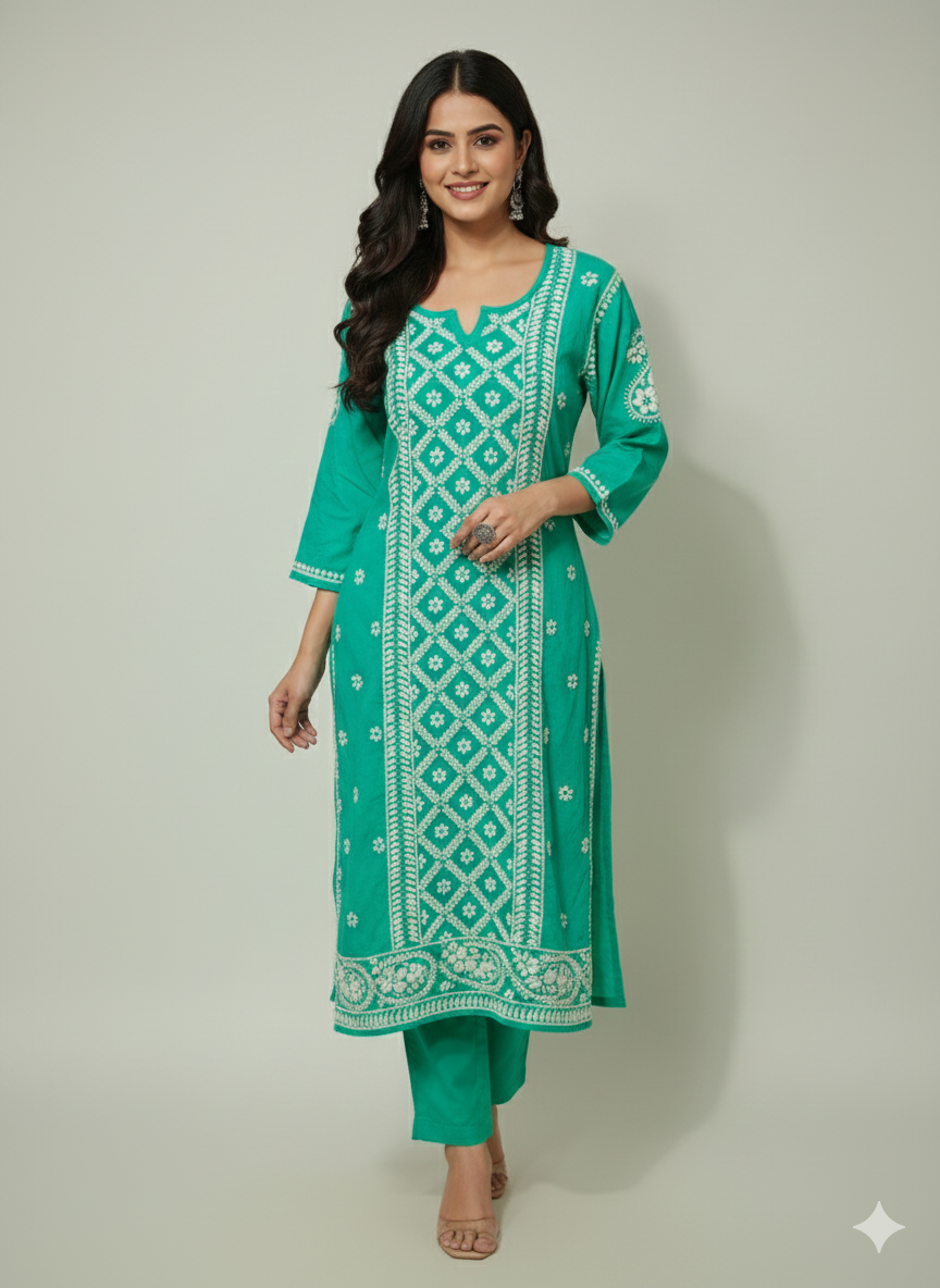 Light Teal Blue Lucknowi Chikankari Kurti Salwar Set | Hand Embroidered Cotton Suit – Lucknow Best Chikankari