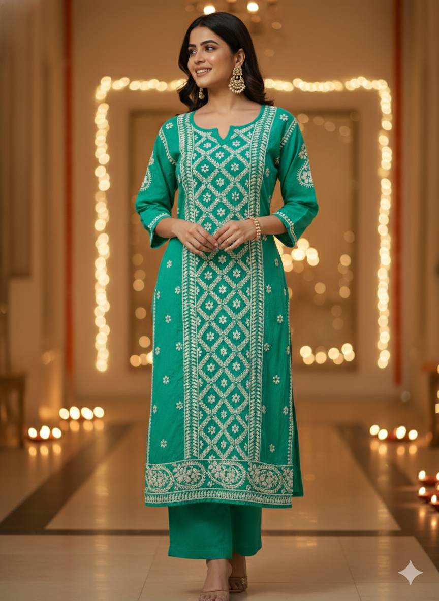 Light Teal Blue Lucknowi Chikankari Kurti Salwar Set | Hand Embroidered Cotton Suit – Lucknow Best Chikankari