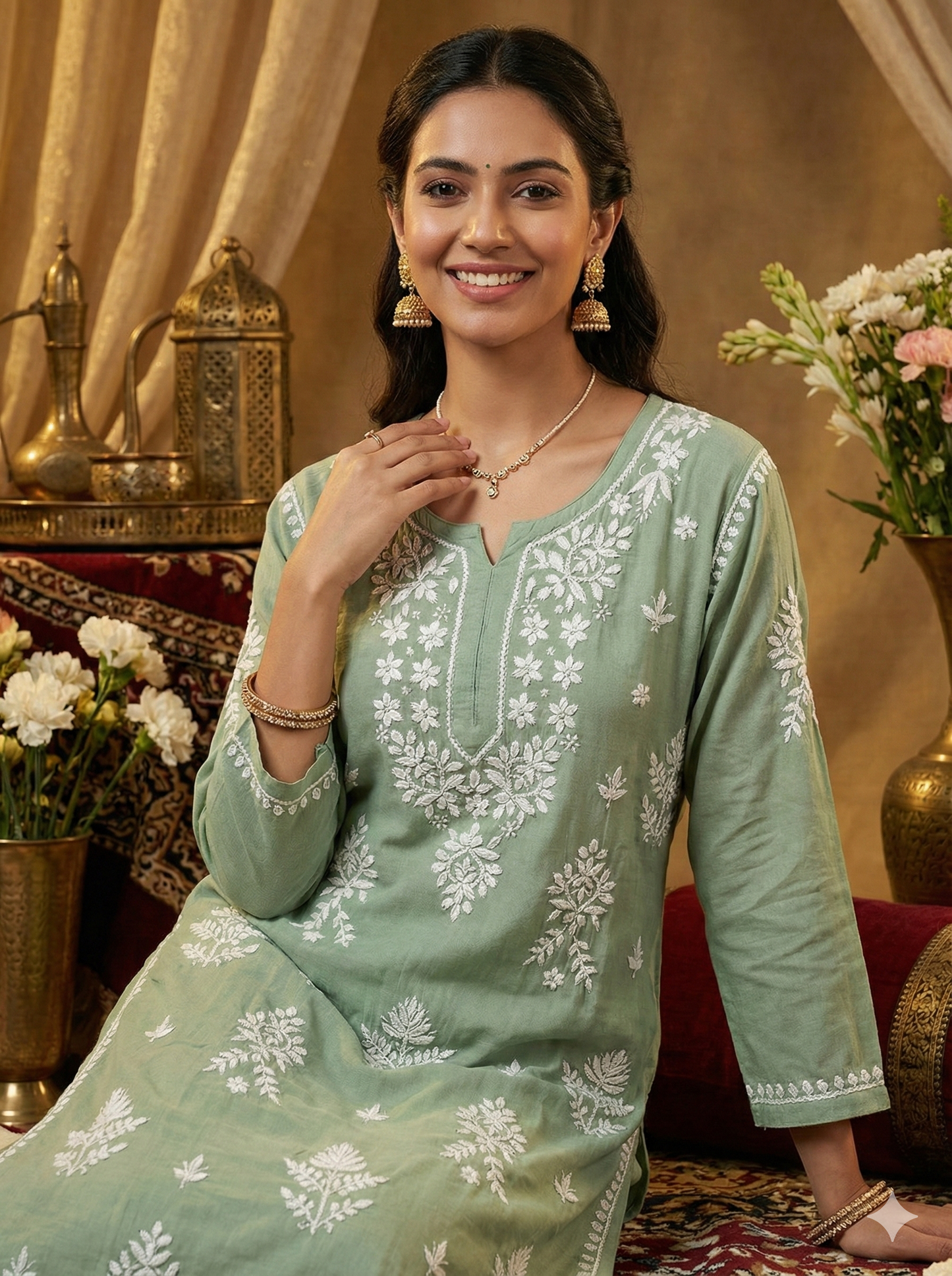 Light Green Lucknowi Chikankari Rayon Kurti for Women | Hand Embroidered Kurti – Lucknow Best Chikankari