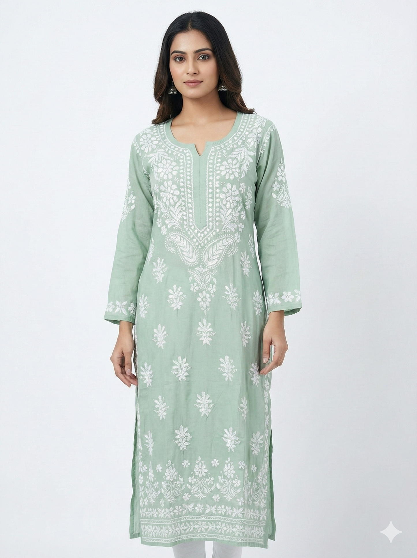Light Green Lucknowi Chikankari Modal Kurti for Women | Hand Embroidered Kurti – Lucknow Best Chikankari