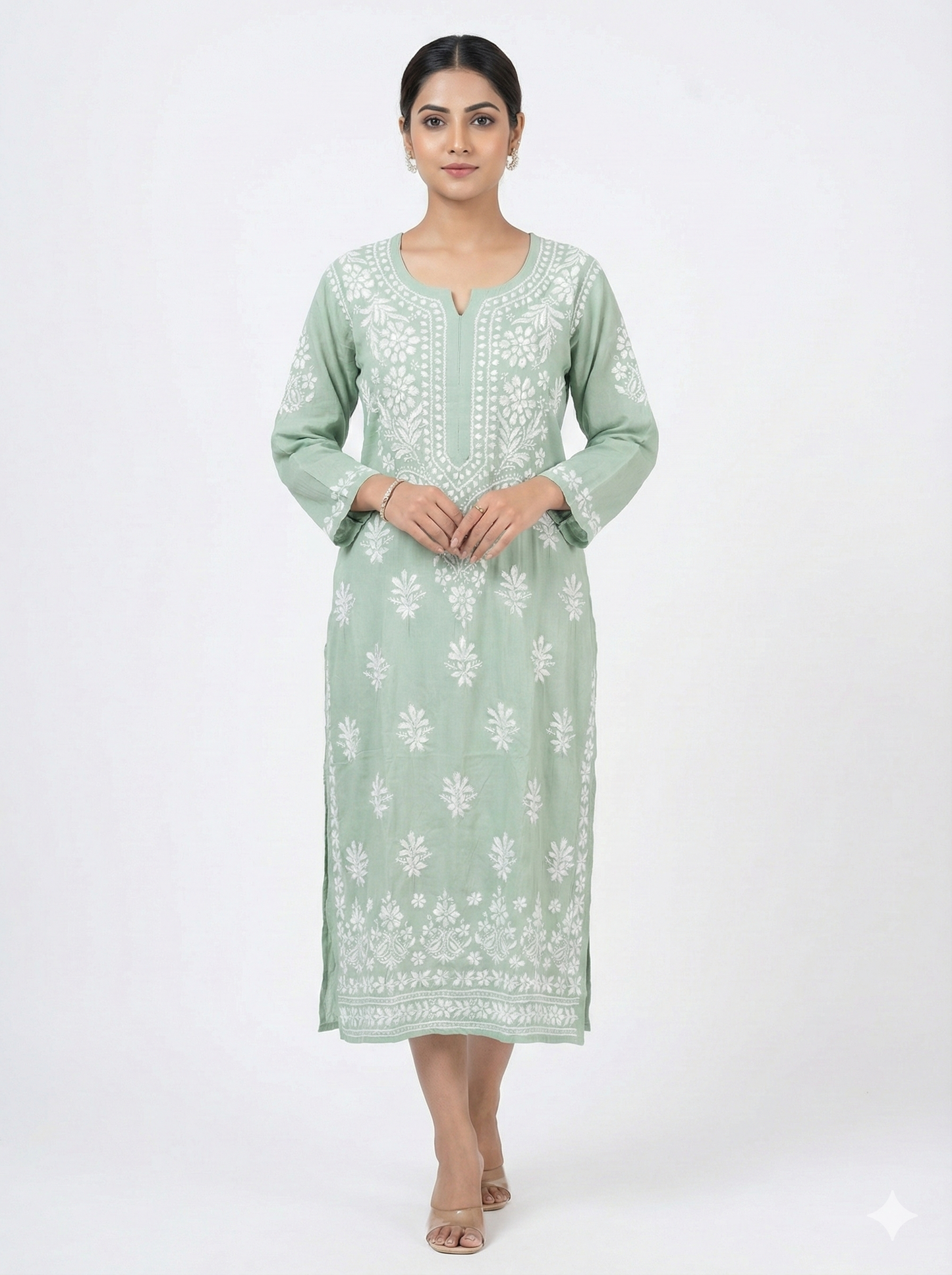 Light Green Lucknowi Chikankari Modal Kurti for Women | Hand Embroidered Kurti – Lucknow Best Chikankari