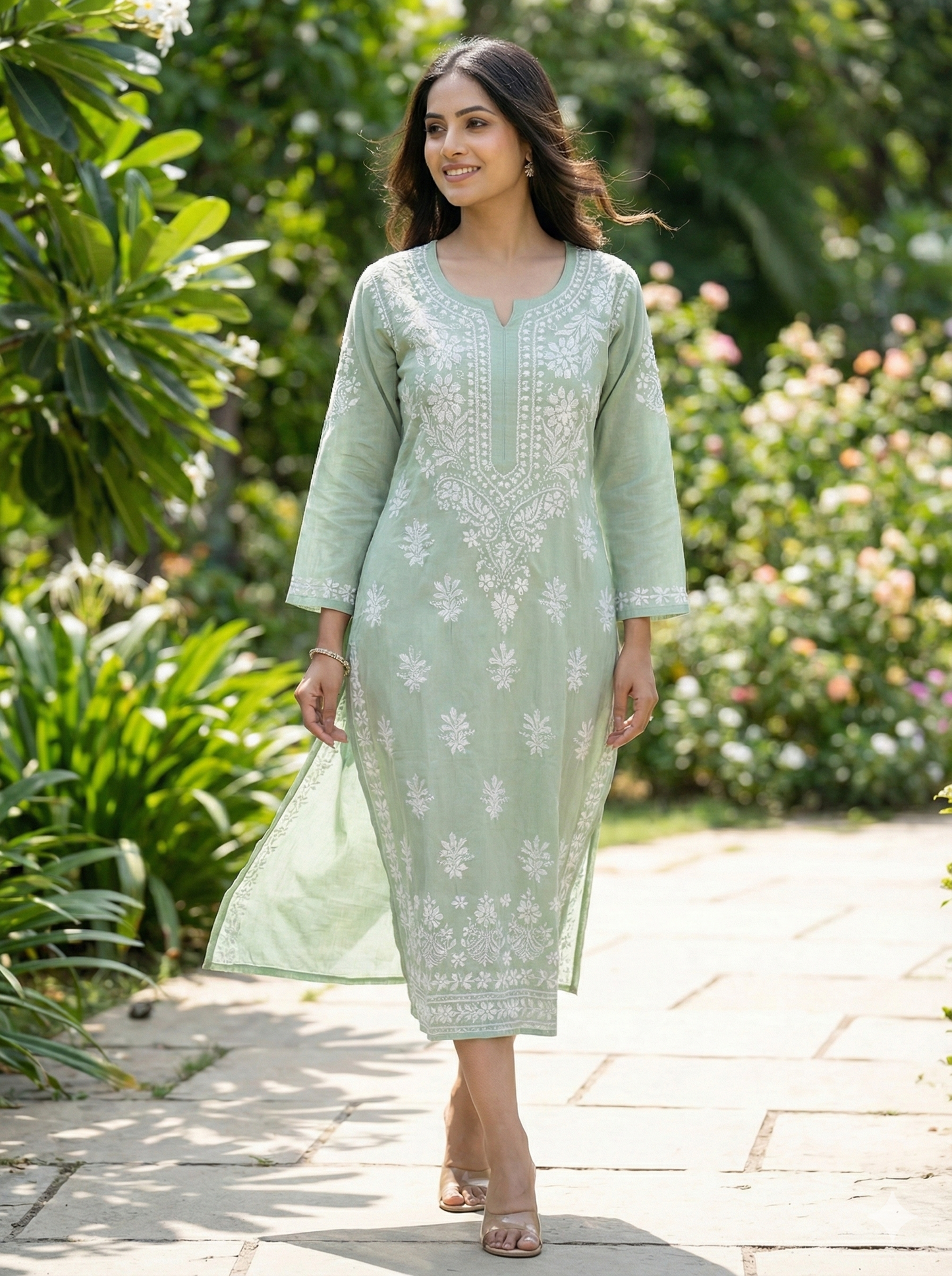 Light Green Lucknowi Chikankari Modal Kurti for Women | Hand Embroidered Kurti – Lucknow Best Chikankari