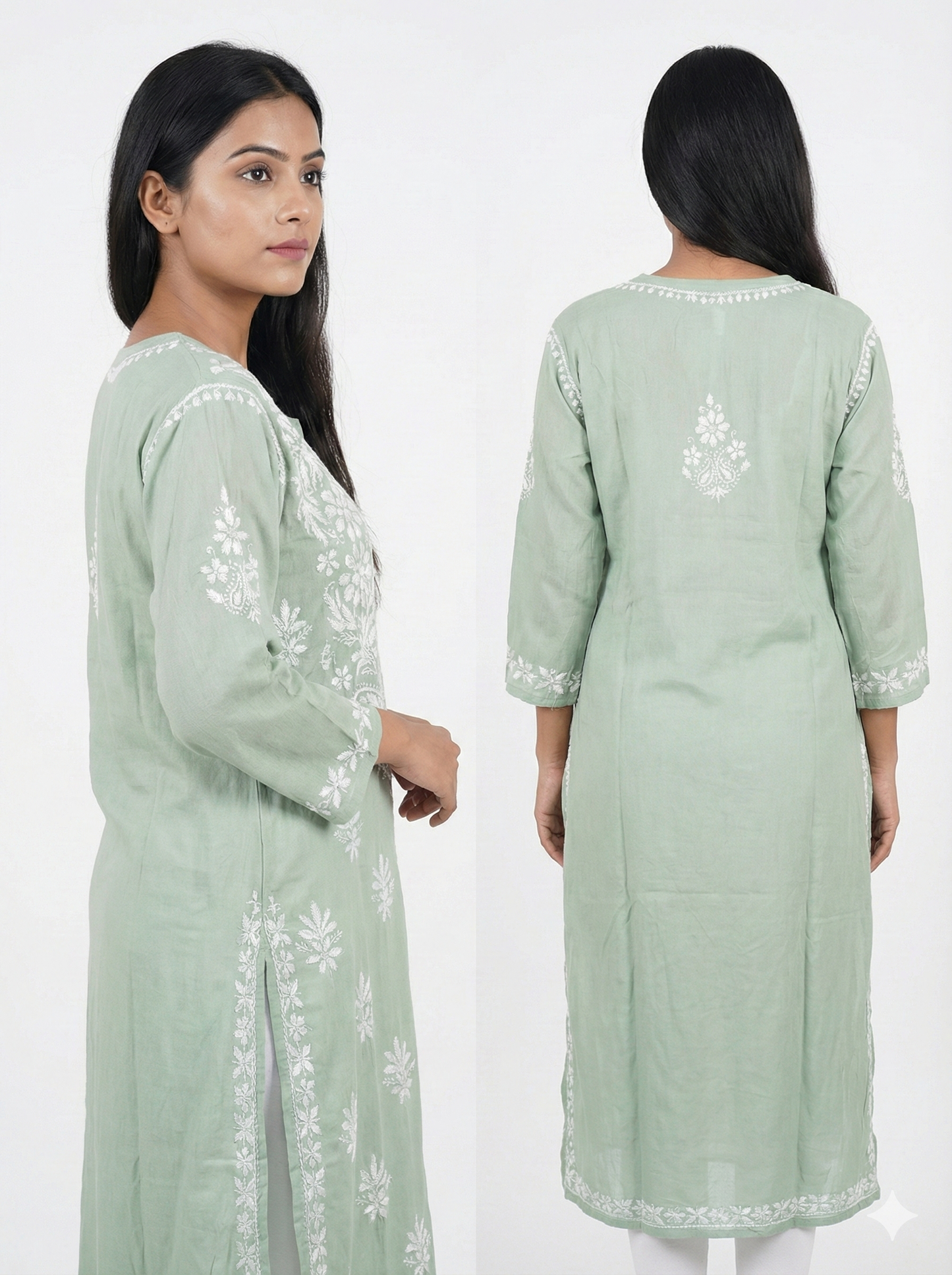 Light Green Lucknowi Chikankari Modal Kurti for Women | Hand Embroidered Kurti – Lucknow Best Chikankari