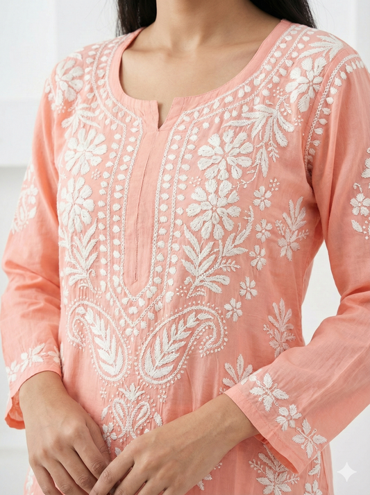 Light pink modal Chikankari kurti embroidery detail