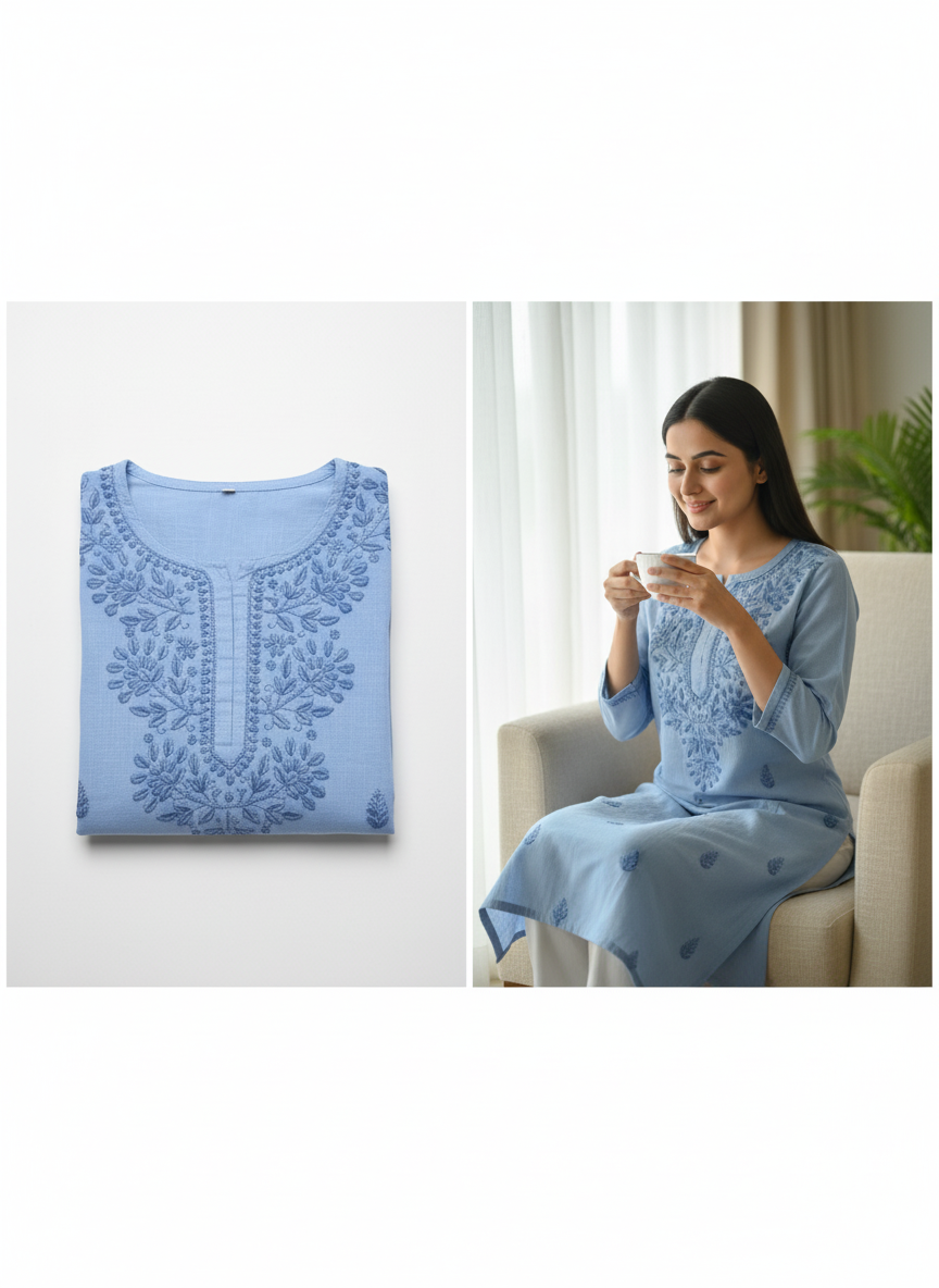 "Handmade Lucknowi Chikankari Kurti for Women – Light Blue Cotton Kurta with Floral Embroidery | Casual & Ethnic Wear"