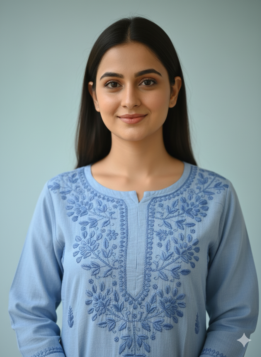 "Handmade Lucknowi Chikankari Kurti for Women – Light Blue Cotton Kurta with Floral Embroidery | Casual & Ethnic Wear"
