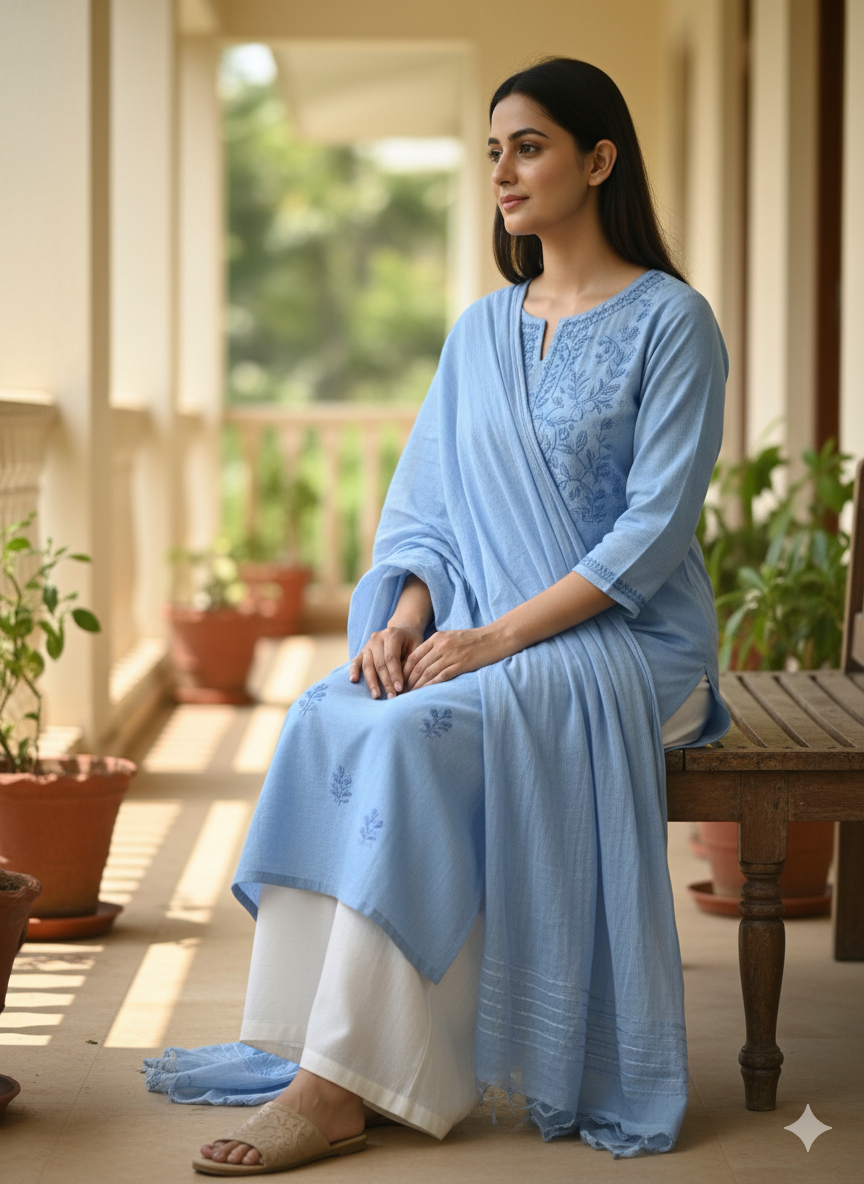 "Handmade Lucknowi Chikankari Kurti for Women – Light Blue Cotton Kurta with Floral Embroidery | Casual & Ethnic Wear"