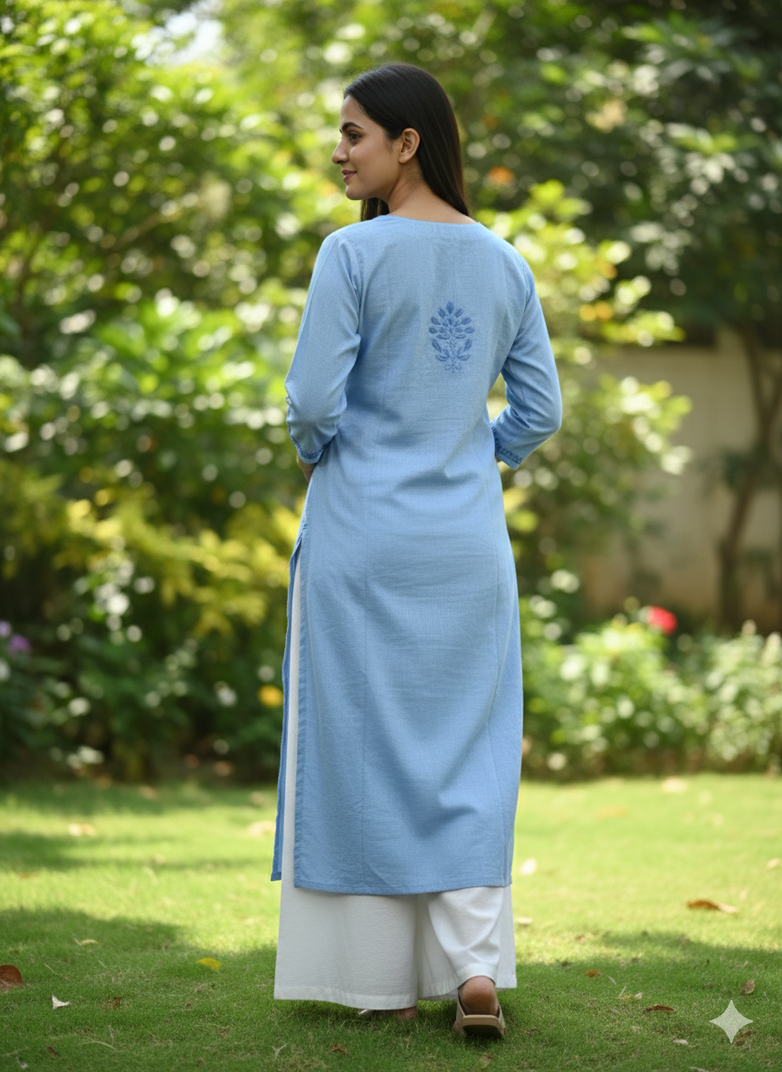 "Handmade Lucknowi Chikankari Kurti for Women – Light Blue Cotton Kurta with Floral Embroidery | Casual & Ethnic Wear"