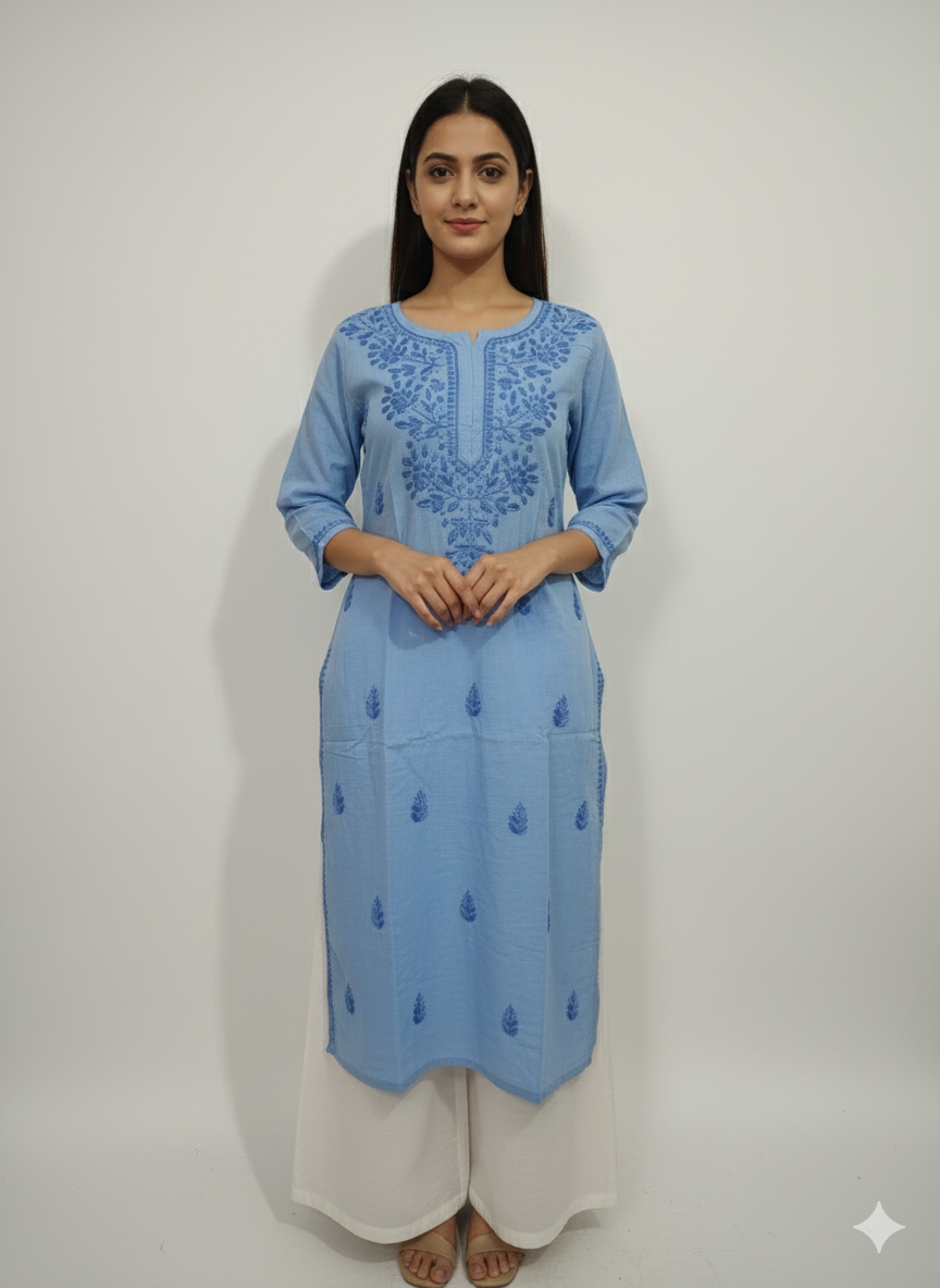 "Handmade Lucknowi Chikankari Kurti for Women – Light Blue Cotton Kurta with Floral Embroidery | Casual & Ethnic Wear"