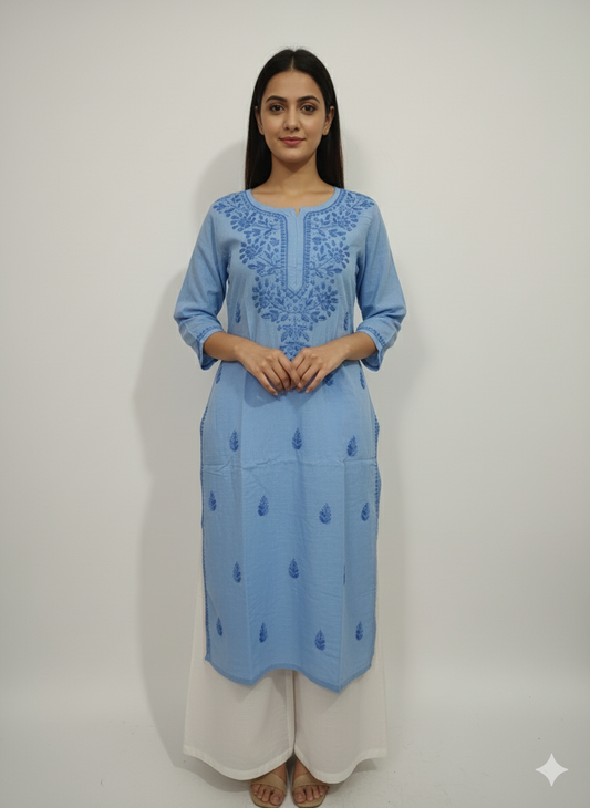 "Handmade Lucknowi Chikankari Kurti for Women – Light Blue Cotton Kurta with Floral Embroidery | Casual & Ethnic Wear"