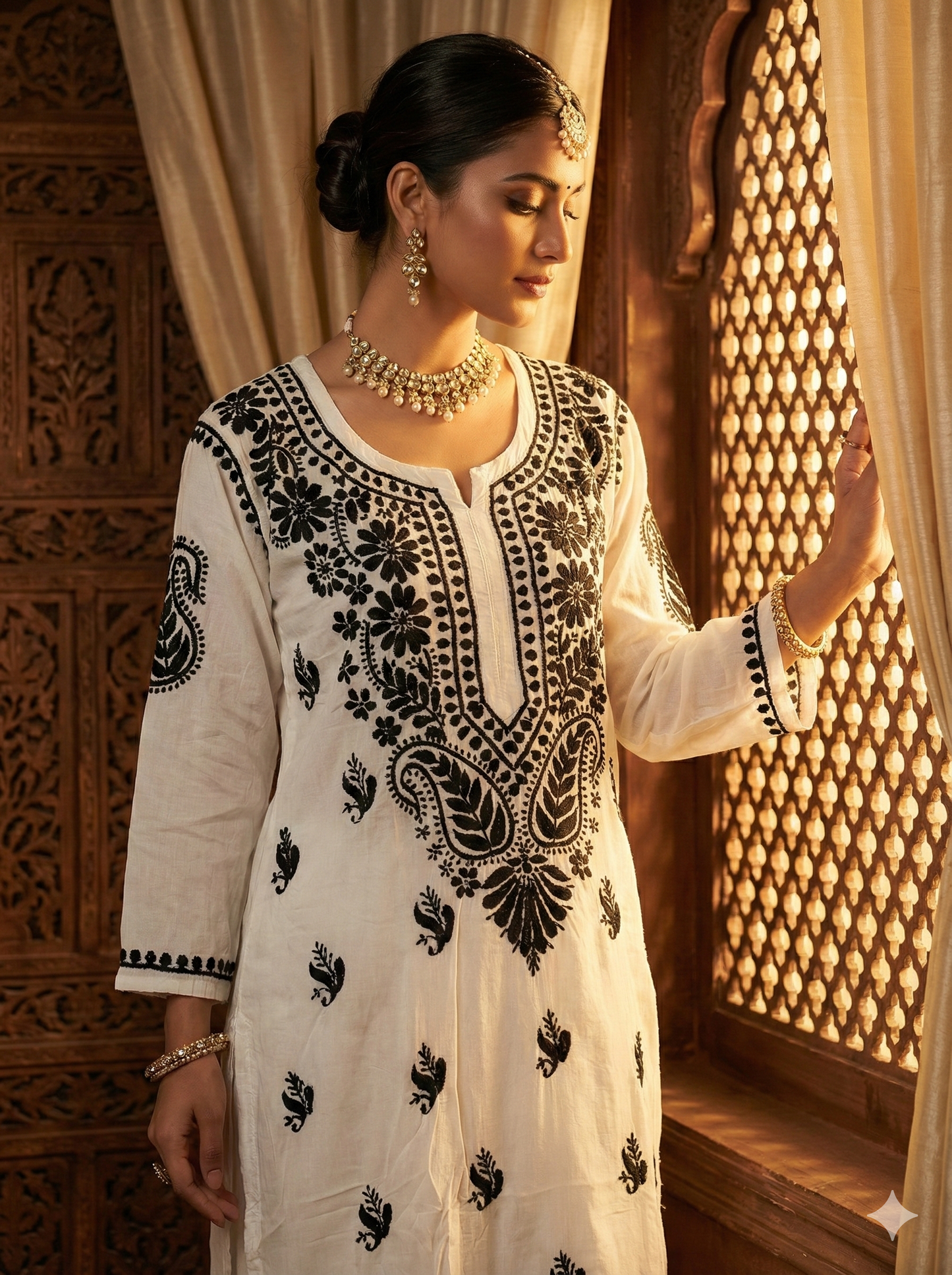 White Modal Chikankari Kurti with Black Embroidery – Handcrafted Lucknowi Kurti | LucknowBestChikankari