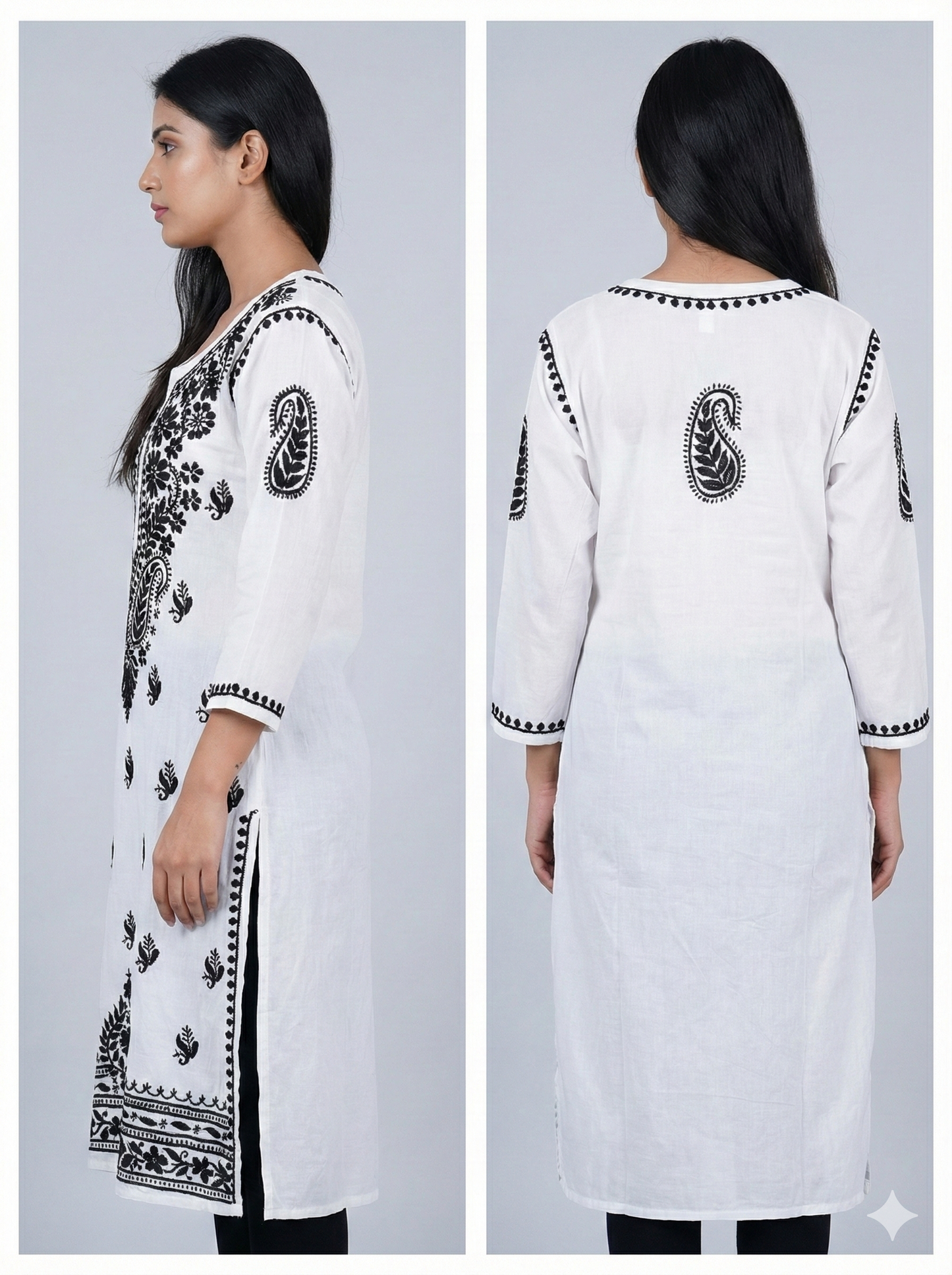 White Modal Chikankari Kurti with Black Embroidery – Handcrafted Lucknowi Kurti | LucknowBestChikankari