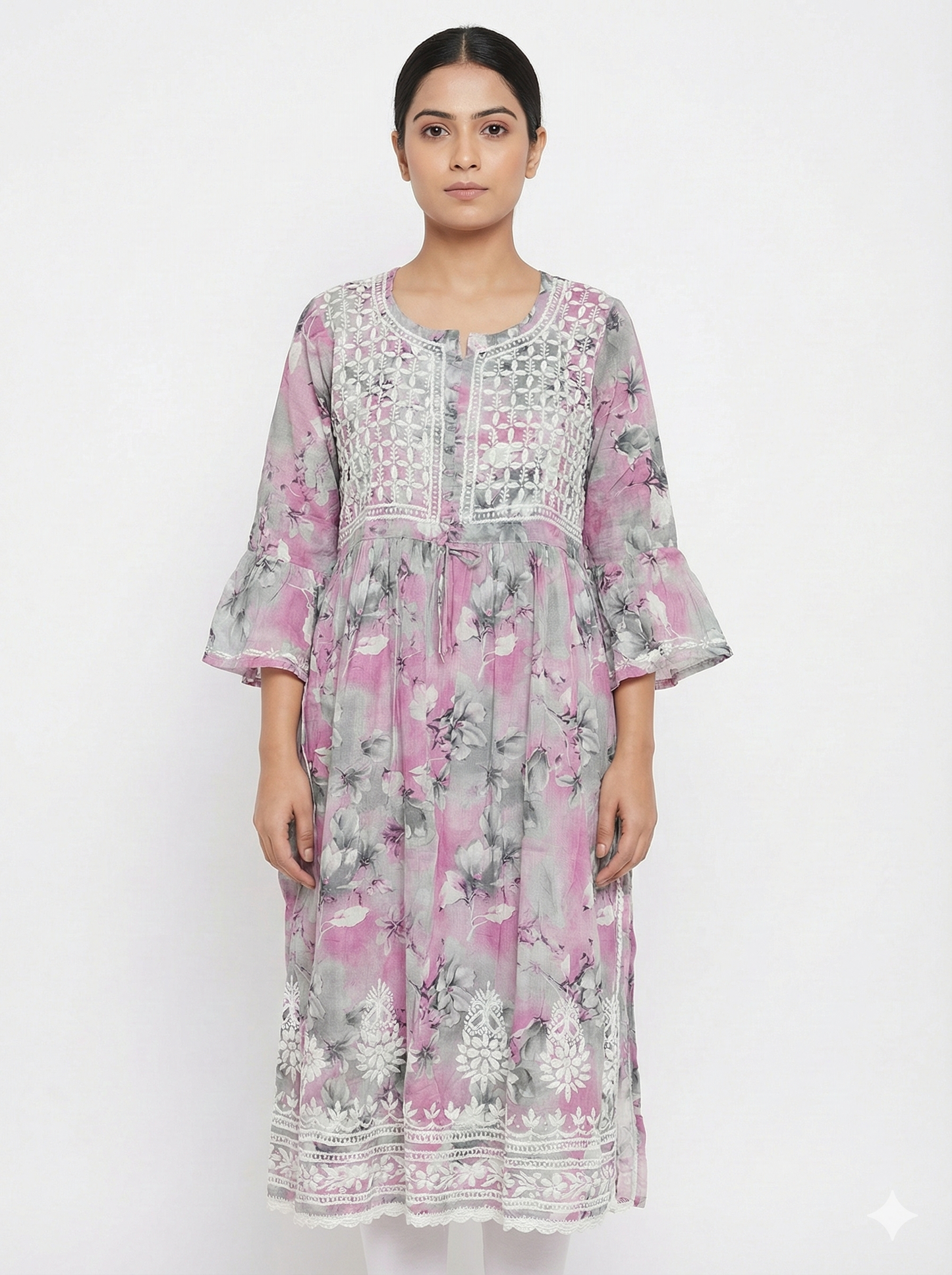 Grey Floral Malmal Chikankari Gown Kurti for Women – Hand Embroidered Lucknowi Style | LucknowBestChikankari