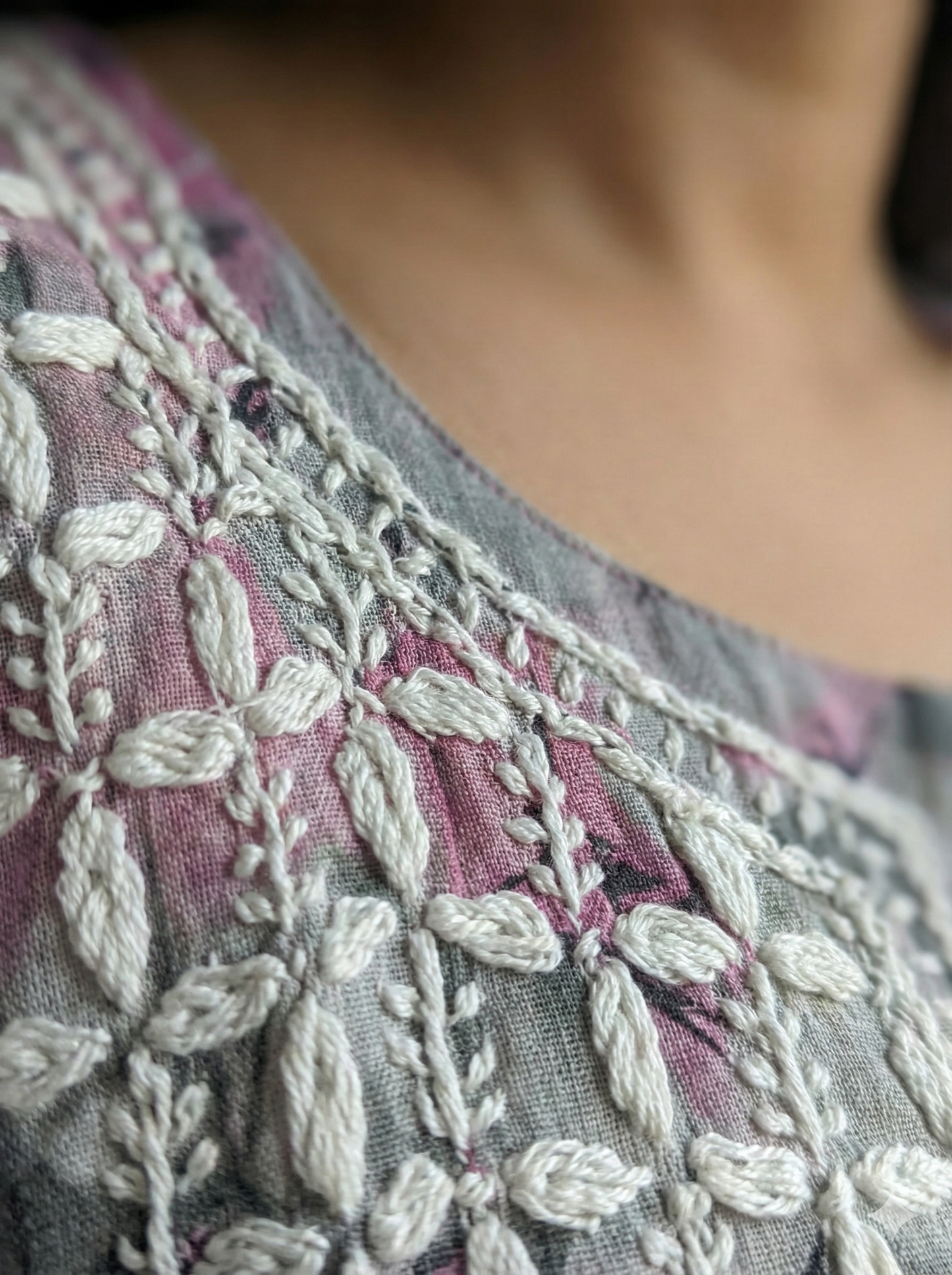 Grey Floral Malmal Chikankari Gown Kurti for Women – Hand Embroidered Lucknowi Style | LucknowBestChikankari