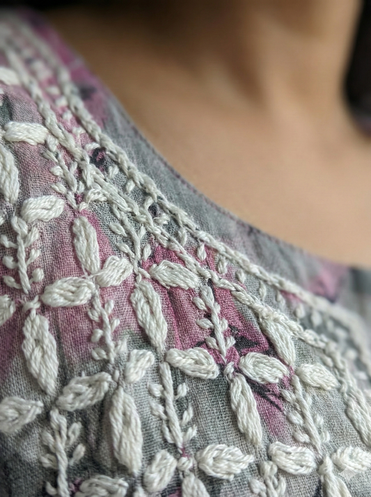 Grey floral malmal Chikankari gown embroidery close up