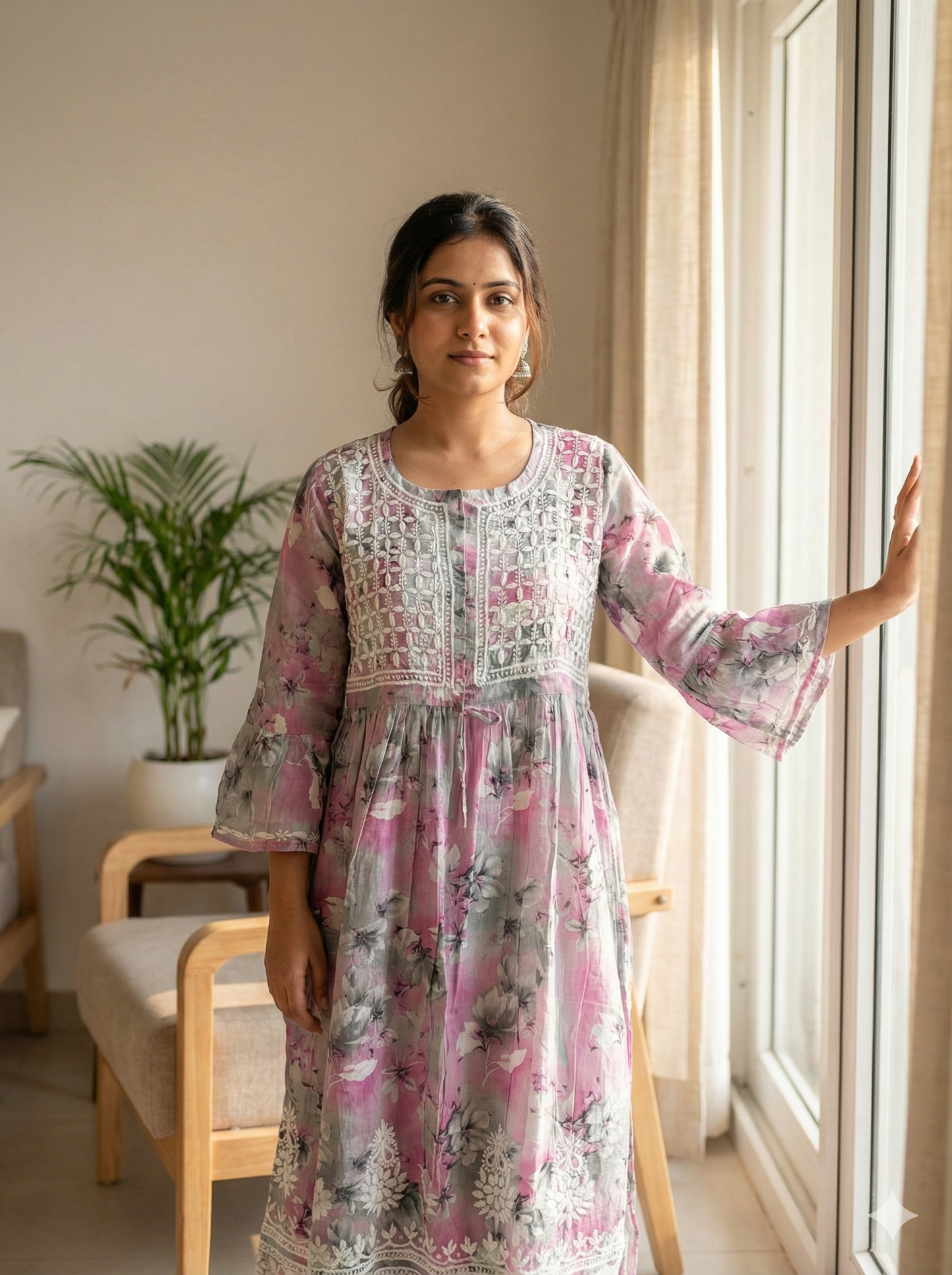 Grey Floral Malmal Chikankari Gown Kurti for Women – Hand Embroidered Lucknowi Style | LucknowBestChikankari