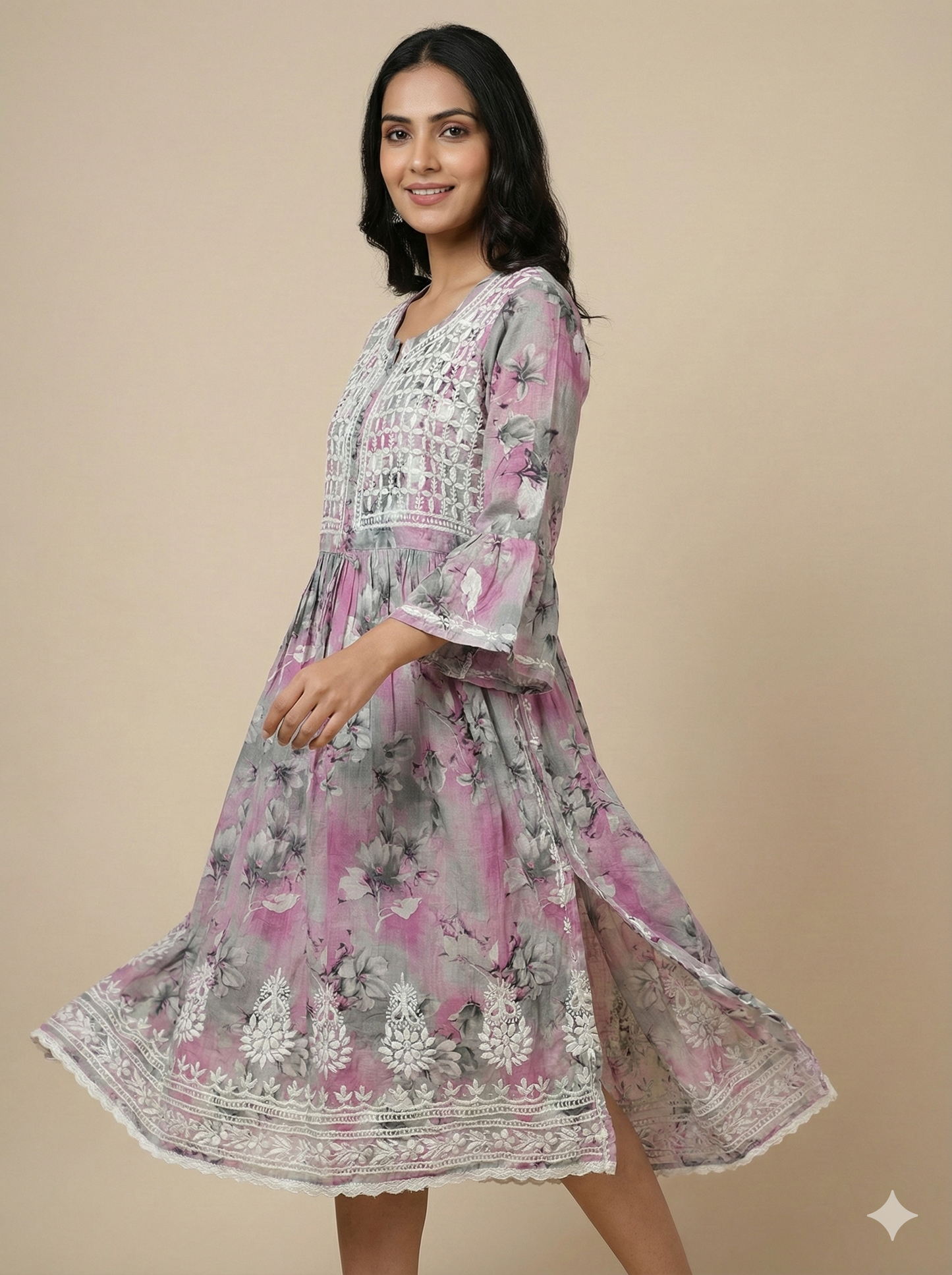 Grey Floral Malmal Chikankari Gown Kurti for Women – Hand Embroidered Lucknowi Style | LucknowBestChikankari