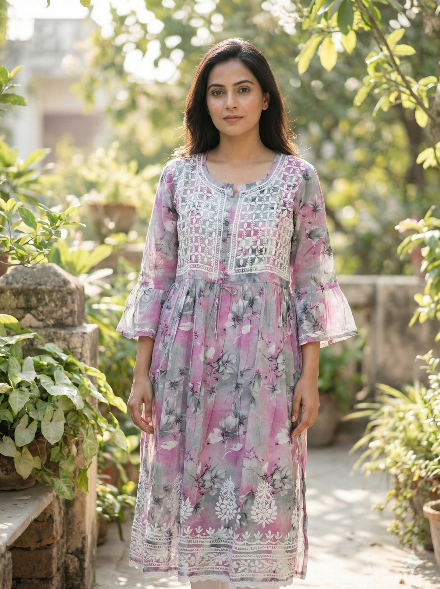 Grey Floral Malmal Chikankari Gown Kurti for Women – Hand Embroidered Lucknowi Style | LucknowBestChikankari