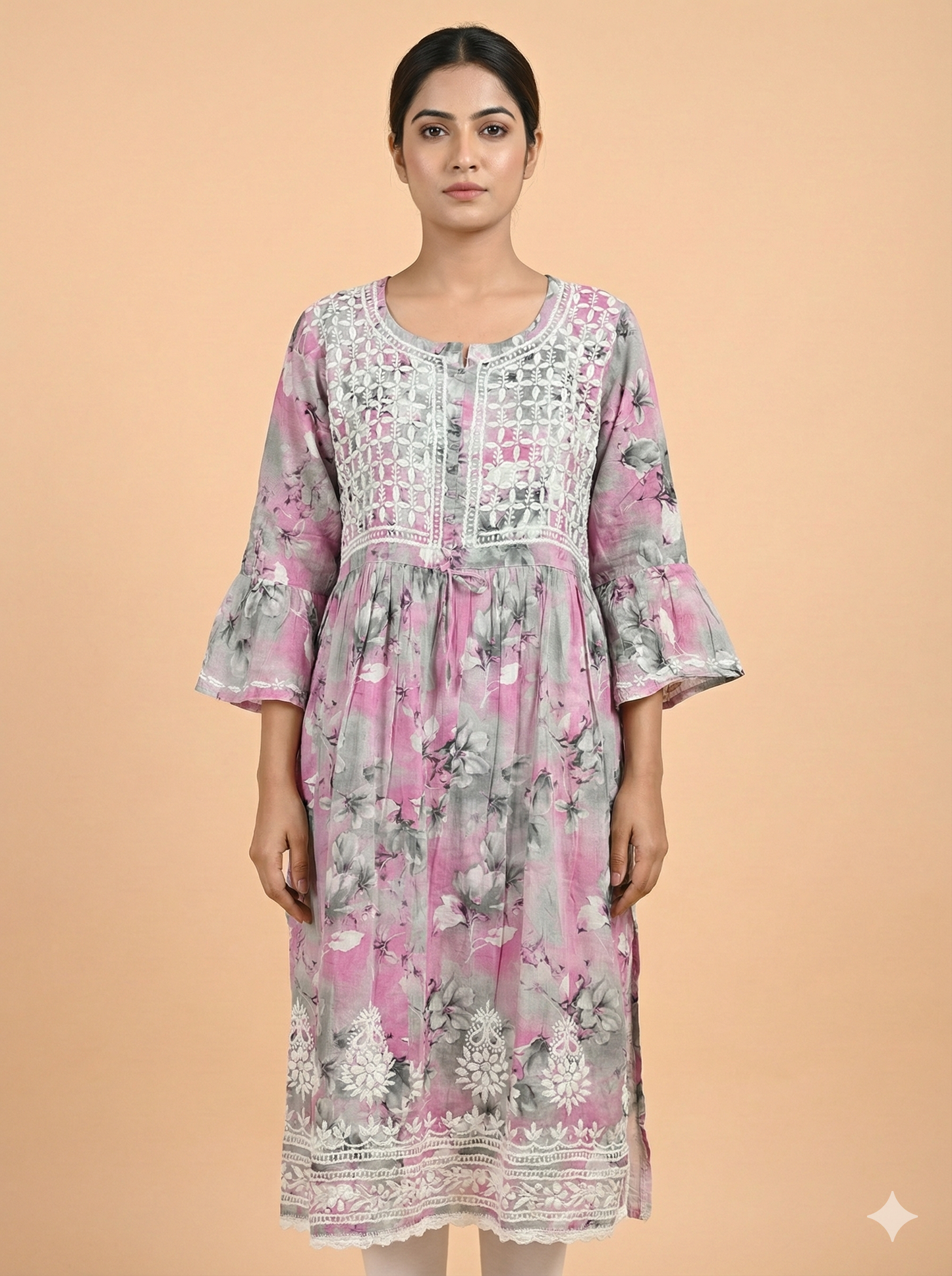 Grey Floral Malmal Chikankari Gown Kurti for Women – Hand Embroidered Lucknowi Style | LucknowBestChikankari