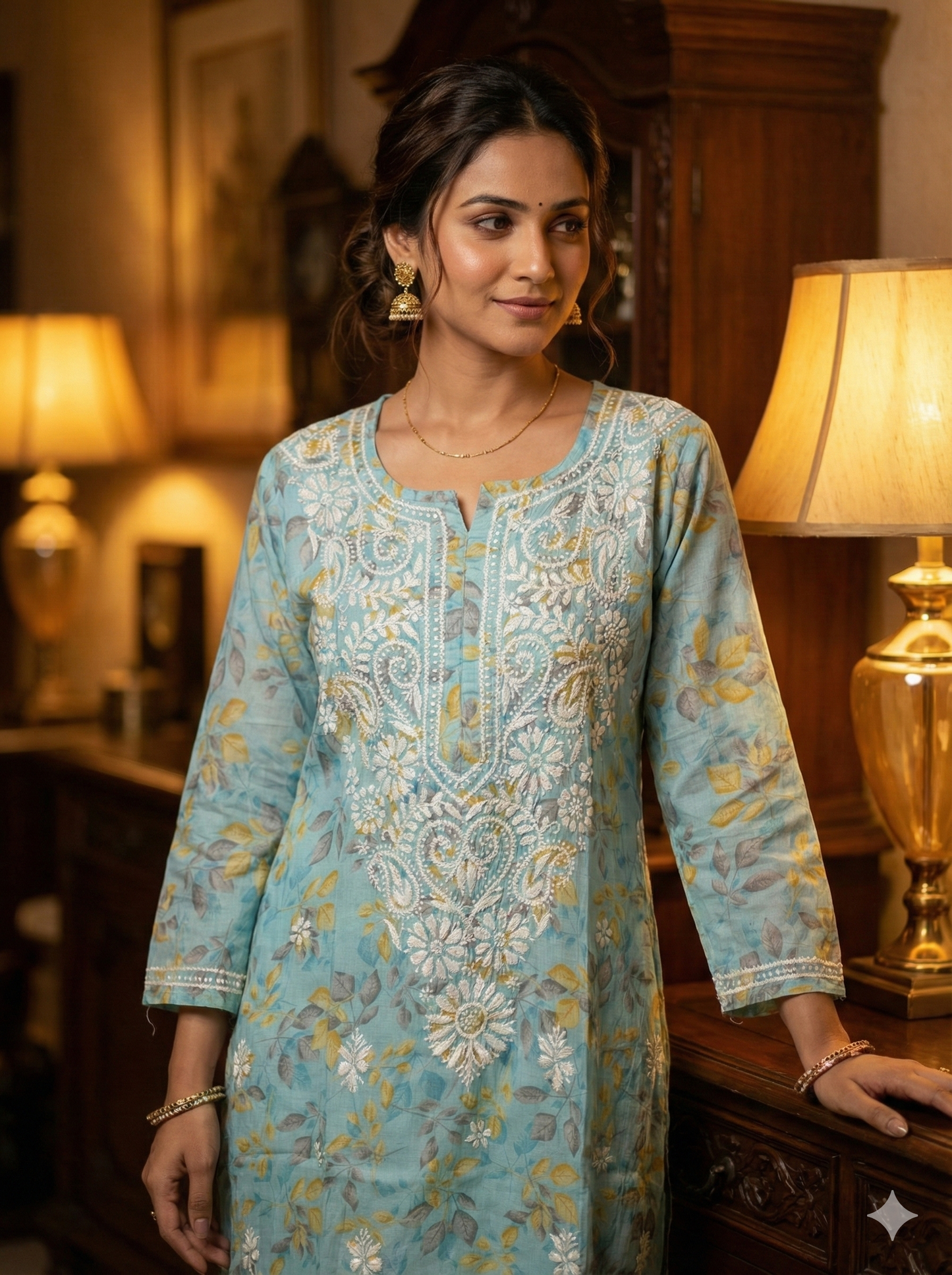 Sky Blue Floral Malmal Cotton Kurti with Hand Chikankari Work | Lucknow Best Chikankari