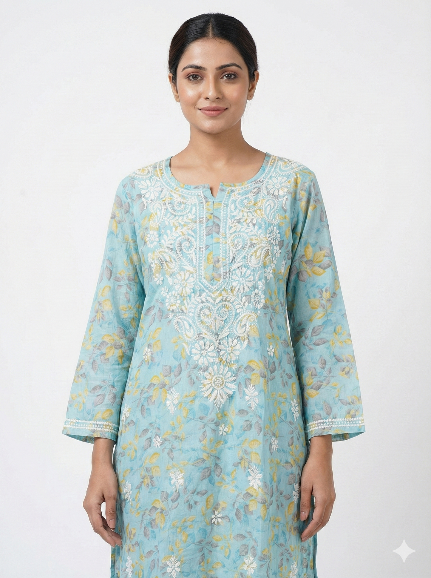 Sky Blue Floral Malmal Cotton Kurti with Hand Chikankari Work | Lucknow Best Chikankari
