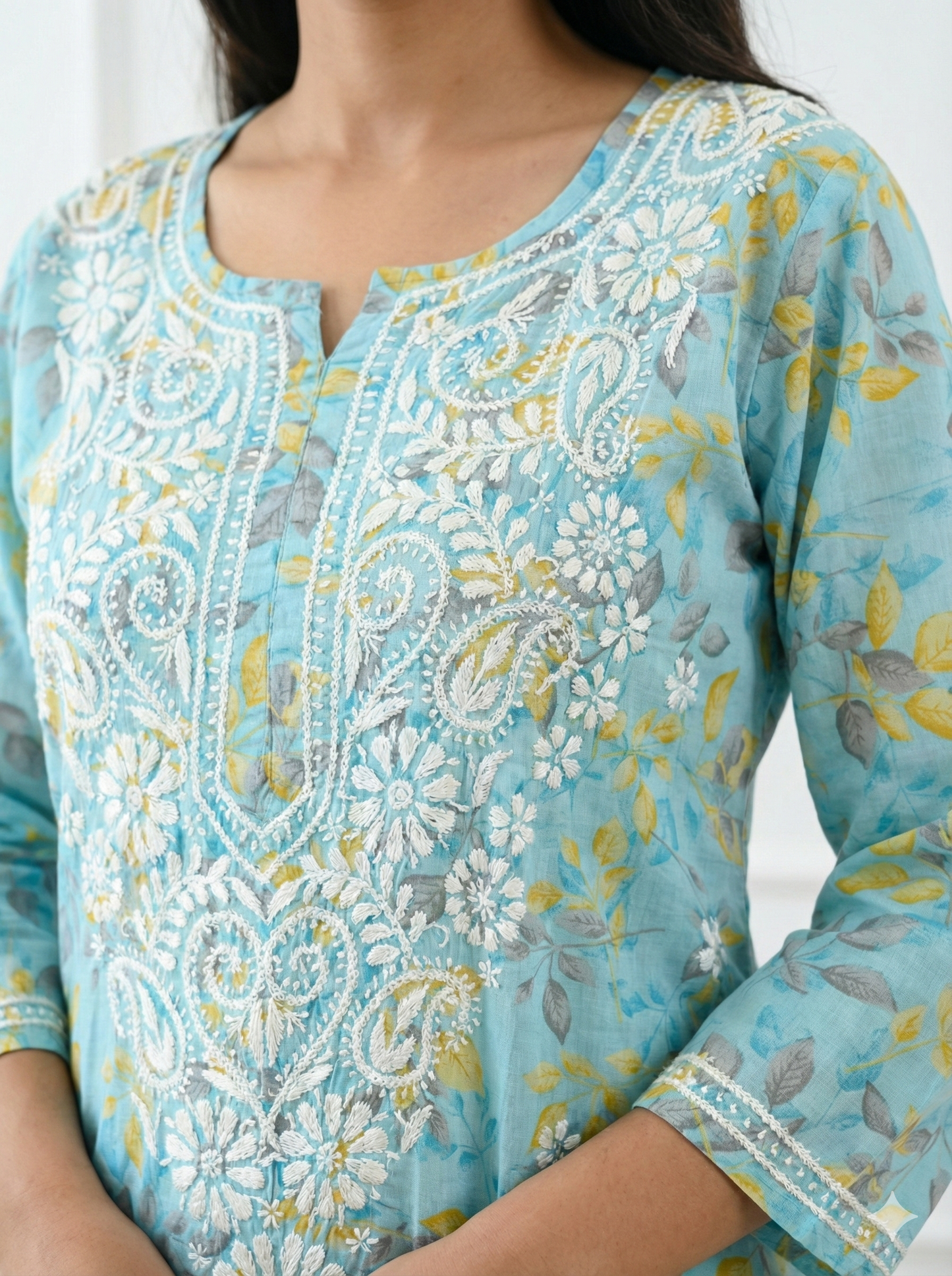 Sky Blue Floral Malmal Cotton Kurti with Hand Chikankari Work | Lucknow Best Chikankari