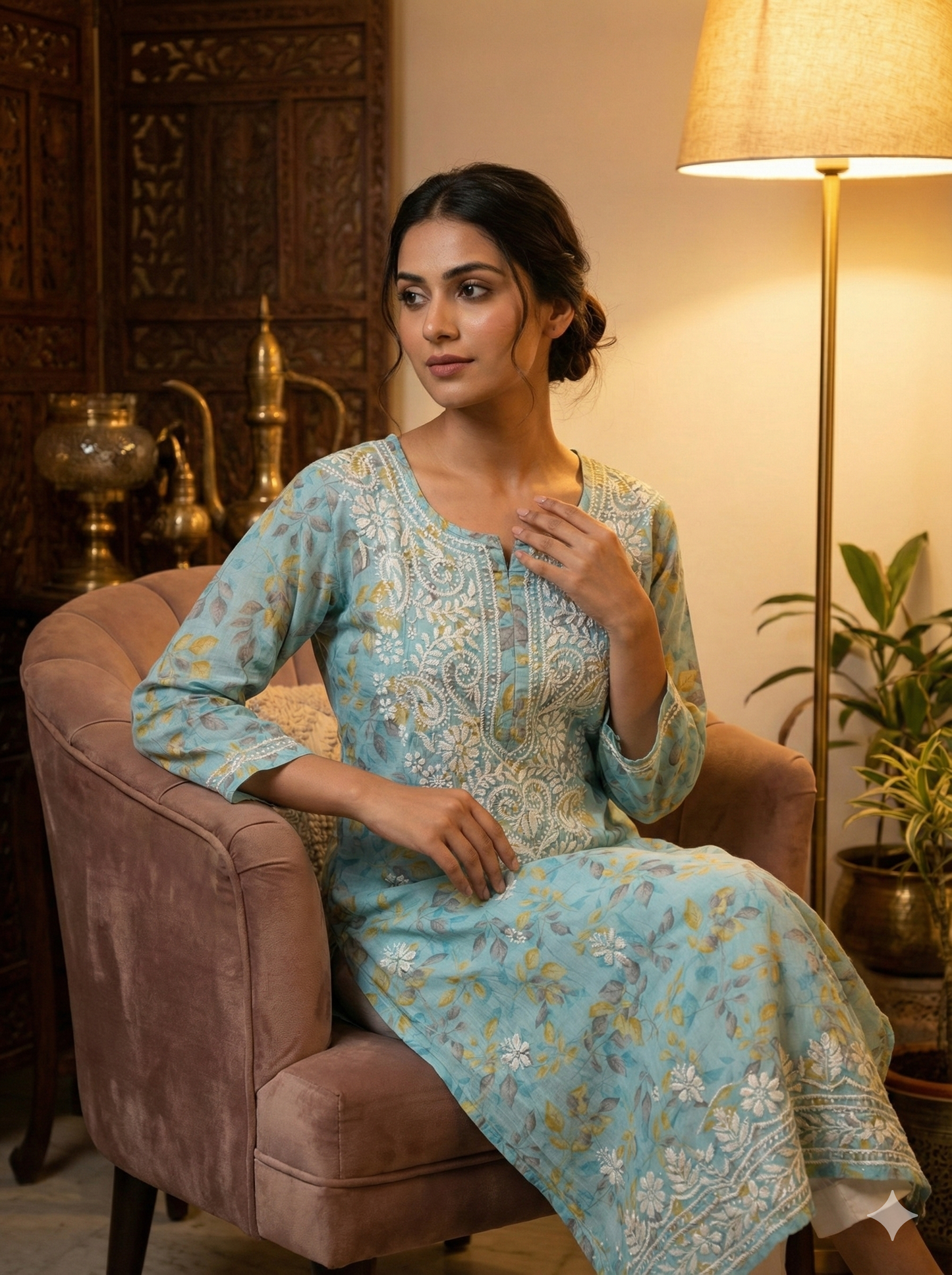 Sky Blue Floral Malmal Cotton Kurti with Hand Chikankari Work | Lucknow Best Chikankari