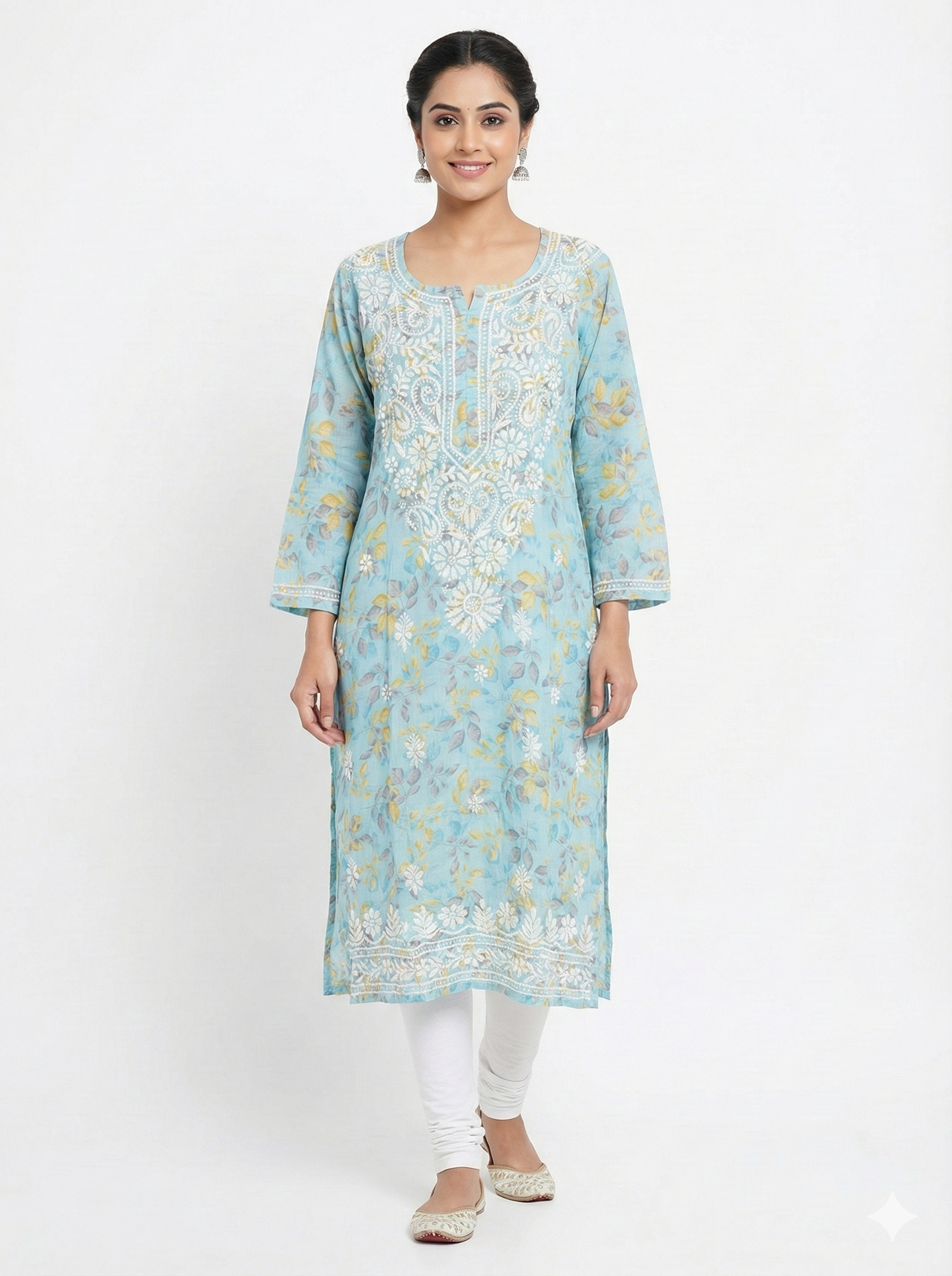 Sky Blue Floral Malmal Cotton Kurti with Hand Chikankari Work | Lucknow Best Chikankari