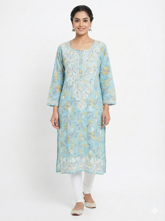 Sky blue floral malmal Chikankari kurti embroidery detail