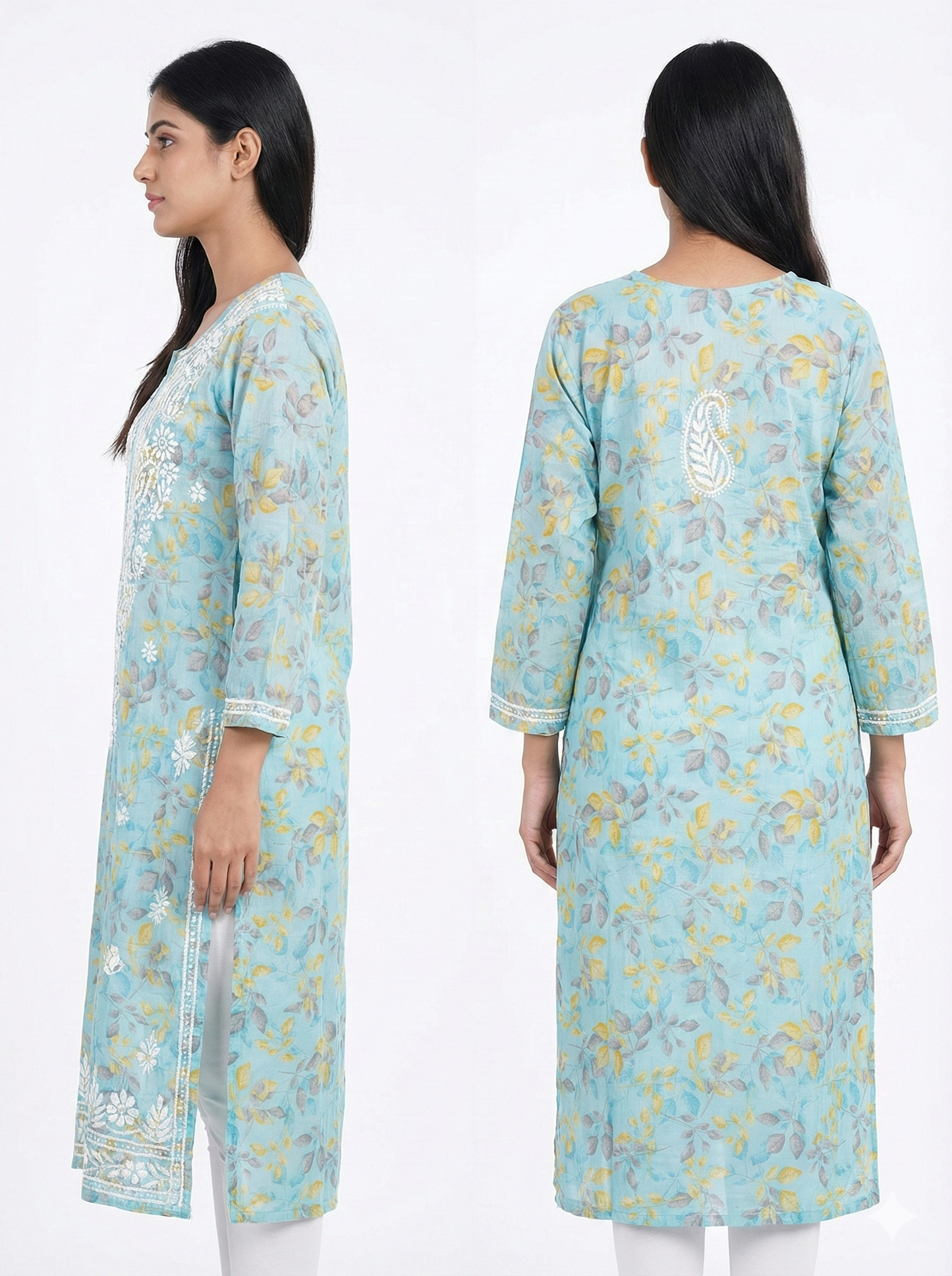 Sky Blue Floral Malmal Cotton Kurti with Hand Chikankari Work | Lucknow Best Chikankari