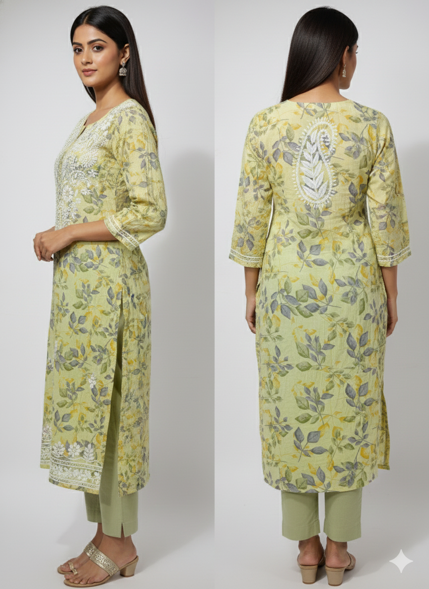 Yellow Malmal Cotton Chikankari Kurti for Women | Hand Embroidered Floral Kurta - Lucknow Best Chikankari
