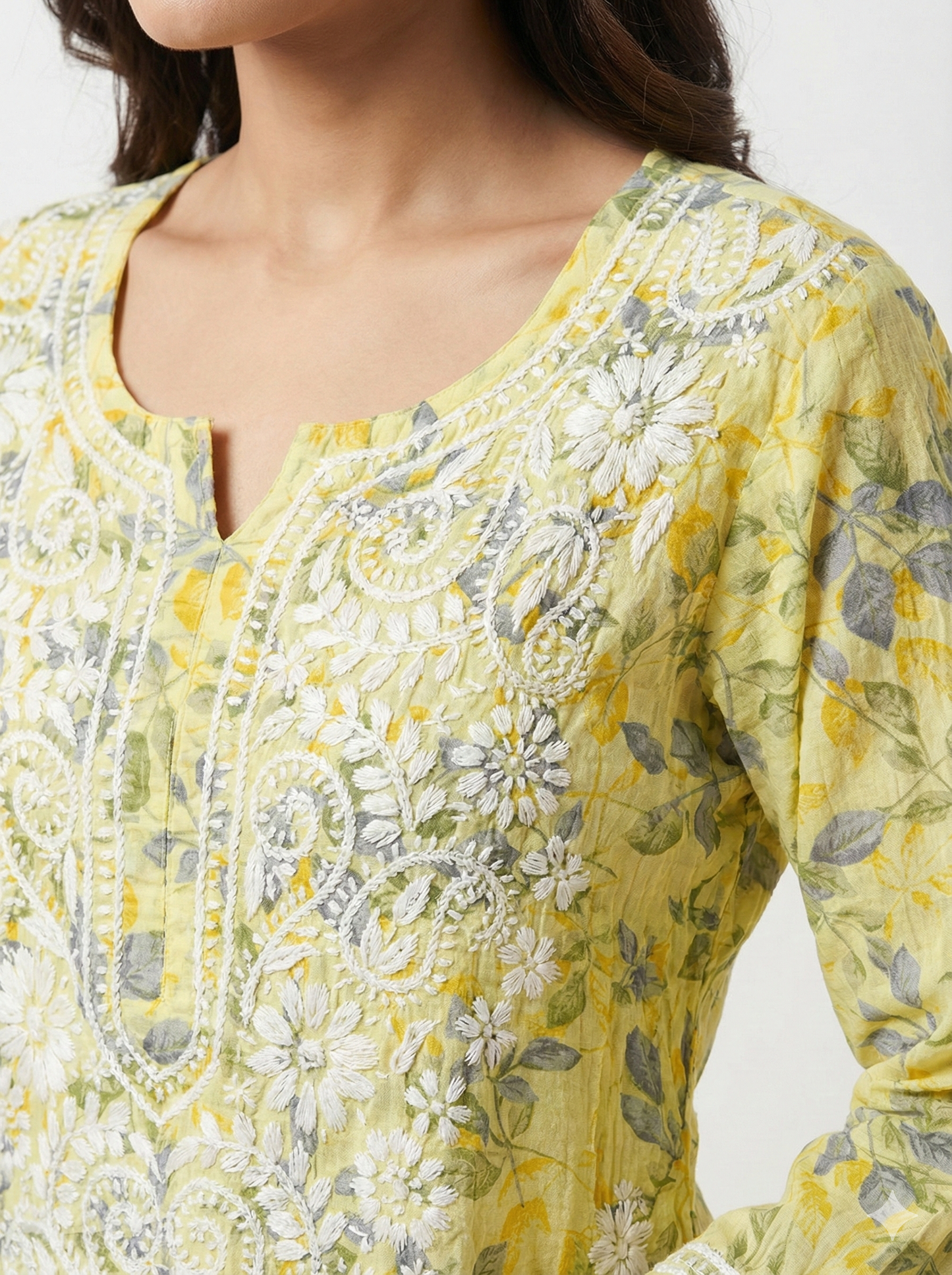 Yellow Malmal Cotton Chikankari Kurti for Women | Hand Embroidered Floral Kurta - Lucknow Best Chikankari